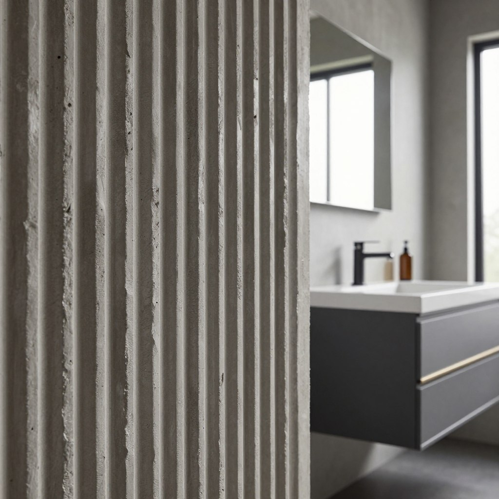 A detailed view of ribbed concrete-effect wall panels, showcasing their textured surface and industrial styling, in a modern bathroom setting. In the foreground, highlight the unique ribbed pattern of the panels, capturing the interplay of light and shadow on their rugged textures. The vanity, designed to match the wall panels, features clean lines and a matte finish, incorporating industrial materials like metal accents. In the middle ground, the focus is on a sleek mirror above the vanity reflecting the ribbed wall, contributing to a cohesive look. Soft, natural lighting streams in from a nearby window, creating an inviting atmosphere. The background is minimalistic, with a hint of contemporary fixtures, emphasizing the industrial charm and elegance of the setting. A detailed view of ribbed concrete-effect wall panels, showcasing their textured surface and industrial styling, in a modern bathroom setting. In the foreground, highlight the unique ribbed pattern of the panels, capturing the interplay of light and shadow on their rugged textures. The vanity, designed to match the wall panels, features clean lines and a matte finish, incorporating industrial materials like metal accents. In the middle ground, the focus is on a sleek mirror above the vanity reflecting the ribbed wall, contributing to a cohesive look. Soft, natural lighting streams in from a nearby window, creating an inviting atmosphere. The background is minimalistic, with a hint of contemporary fixtures, emphasizing the industrial charm and elegance of the setting.