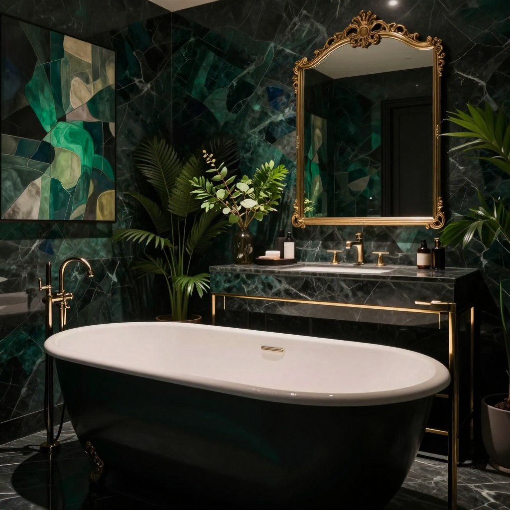A dramatic dark bathroom scene featuring deep charcoal, rich navy, and luxurious emerald hues. The foreground showcases an elegant freestanding bathtub nestled against a sleek, moody marble backdrop, lit by soft, ambient lighting that casts gentle shadows. In the middle, a sleek vanity with gold accents holds stylish toiletries and a large, ornate mirror reflecting the rich colors. The background is adorned with abstract wall art and lush green plants, enhancing the overall elegance of the space. The lighting is low, creating a tranquil yet sumptuous atmosphere, accentuating the depth of color and texture in the materials used. Capture this sophisticated and serene bathroom design from a slightly elevated angle, highlighting both the sumptuous details and the dramatic ambiance. No people are present in the image. A dramatic dark bathroom scene featuring deep charcoal, rich navy, and luxurious emerald hues. The foreground showcases an elegant freestanding bathtub nestled against a sleek, moody marble backdrop, lit by soft, ambient lighting that casts gentle shadows. In the middle, a sleek vanity with gold accents holds stylish toiletries and a large, ornate mirror reflecting the rich colors. The background is adorned with abstract wall art and lush green plants, enhancing the overall elegance of the space. The lighting is low, creating a tranquil yet sumptuous atmosphere, accentuating the depth of color and texture in the materials used. Capture this sophisticated and serene bathroom design from a slightly elevated angle, highlighting both the sumptuous details and the dramatic ambiance. No people are present in the image.