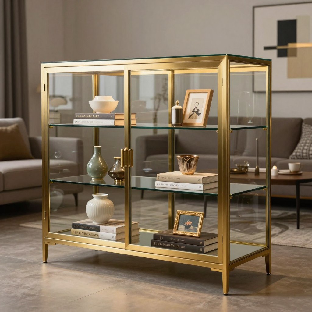 A freestanding glass display cabinet featuring brushed brass hardware, elegantly situated in a contemporary living room setting. The cabinet showcases a variety of decorative items, such as ceramics, books, and framed art, arranged thoughtfully on glass shelves. In the foreground, the cabinet glimmers under soft, warm lighting, highlighting its sleek design and polished surfaces. The middle of the image captures the cabinet’s refined details, with reflections on the glass and brass accents catching the light. The background displays a stylish living room, subtly blurred, with a modern couch and abstract art on the walls, creating a cozy and inviting atmosphere. The overall mood is sophisticated and contemporary, perfect for a stylish home.