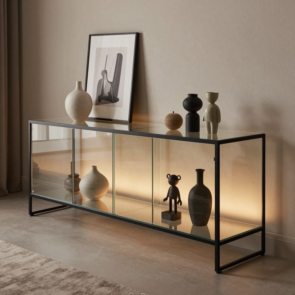 A low-profile modern glass console display cabinet elegantly positioned in a contemporary living room. The cabinet features minimalist design elements with sleek, frameless glass shelves and a matte black metal frame. The foreground showcases the cabinet adorned with an assortment of curated decorative items—ceramic vases, framed artworks, and unique figurines—carefully arranged to highlight each piece. In the middle ground, soft ambient lighting creates a warm and inviting atmosphere, reflecting off the glass surfaces and accentuating the item's transparency. The background features a tastefully decorated wall with neutral tones and subtle textures, enhancing the cabinet's stylish appeal. The perspective is slightly angled, providing depth and inviting the viewer to appreciate the harmonious blend of decor within this contemporary setting. The overall mood is sophisticated and modern, perfect for showcasing contemporary living room aesthetics.