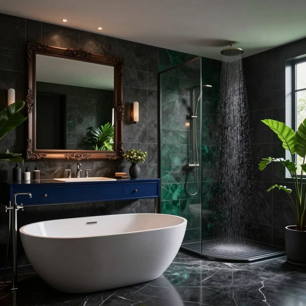 A luxurious bathroom featuring a dramatic dark color scheme, emphasizing shades of charcoal, navy, and emerald. In the foreground, a sleek, modern freestanding bathtub sits atop polished dark marble flooring, reflecting soft, ambient lighting. A large, ornate mirror with a dark wood frame hangs above an elegant vanity with a deep navy finish, adorned with stylish, minimalistic fixtures. The middle of the scene showcases a rainfall shower with dark tile walls, exuding a spa-like feel, while lush greenery peeks in from the corners, adding a touch of life. The background is softly lit, highlighting the rich tones and textures, creating a moody, inviting atmosphere that's both sophisticated and serene. The overall composition conveys a sense of luxury and tranquility, perfect for contemporary design enthusiasts. A luxurious bathroom featuring a dramatic dark color scheme, emphasizing shades of charcoal, navy, and emerald. In the foreground, a sleek, modern freestanding bathtub sits atop polished dark marble flooring, reflecting soft, ambient lighting. A large, ornate mirror with a dark wood frame hangs above an elegant vanity with a deep navy finish, adorned with stylish, minimalistic fixtures. The middle of the scene showcases a rainfall shower with dark tile walls, exuding a spa-like feel, while lush greenery peeks in from the corners, adding a touch of life. The background is softly lit, highlighting the rich tones and textures, creating a moody, inviting atmosphere that's both sophisticated and serene. The overall composition conveys a sense of luxury and tranquility, perfect for contemporary design enthusiasts.