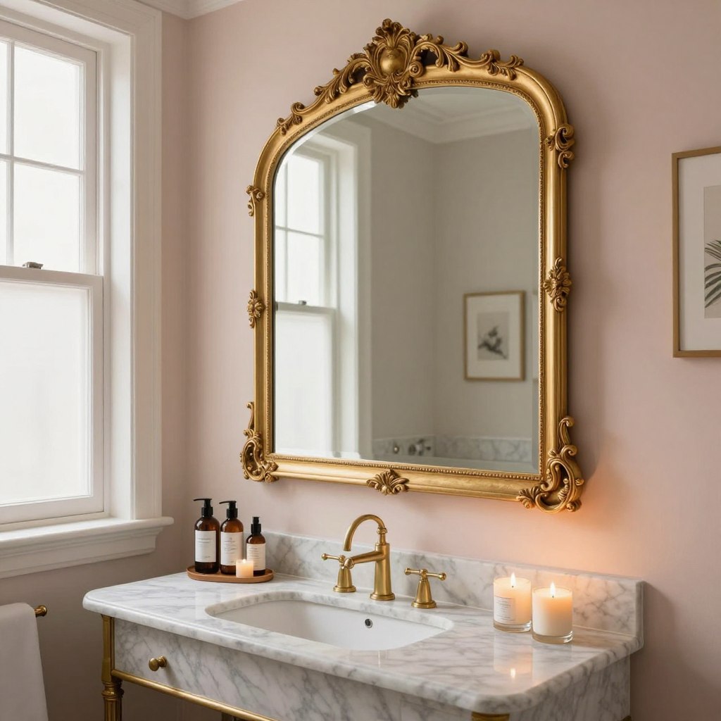 A luxurious bathroom featuring a stunning gold-framed mirror as the centerpiece, elegantly accentuating the serene atmosphere. In the foreground, the ornate mirror reflects soft natural light cascading through a frosted window, enhancing the gold detailing. The middle layer showcases a chic marble vanity with brass fixtures, adorned with neatly arranged skincare products and delicate candles, casting a warm glow. The background includes soft pastel-colored walls and tasteful artwork, creating an inviting, sophisticated ambiance. The mood is tranquil yet opulent, emphasizing the transformative power of the mirror in elevating the overall aesthetic of the bathroom. The scene is captured from a slightly elevated angle, providing depth and inviting the viewer into this elegant space.