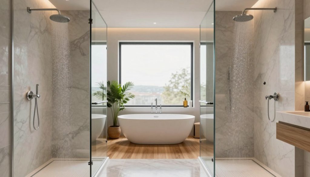 A luxurious bathroom renovation featuring a modern wet room design. The foreground showcases a spacious, glass-enclosed walk-in shower with a rain showerhead, accented with marble tiles in soft, neutral tones. In the middle, a sleek freestanding bathtub sits elegantly on polished wooden flooring, surrounded by small indoor plants for a spa-like feel. The background displays a large window allowing natural light to flood the space, enhancing the calm atmosphere. Soft, ambient lighting complements the overall design, highlighting the textures and materials. The mood is serene and inviting, ideal for relaxation. The image captures a professional and tidy aesthetic, reflecting a curated, upscale approach to bathroom renovation.