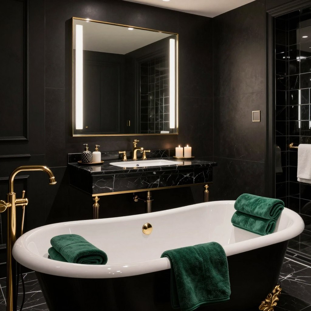 A luxurious black bathroom interior featuring deep charcoal walls, elegant navy accents, and rich emerald decor. The foreground showcases an ornate freestanding black bathtub with gold fixtures and plush dark green towels neatly arranged nearby. In the middle ground, a large backlit mirror hangs above an intricate black marble vanity with sophisticated accessories, including a stylish soap dispenser and candles. The background reveals a wall of dark glass tiles, creating a dramatic contrast and depth. Soft, warm lighting illuminates the space, enhancing the textures and colors, while the overall atmosphere exudes sophistication and tranquility. The composition is captured from a slightly elevated angle, emphasizing the luxurious elements and inviting ambiance of the bathroom. A luxurious black bathroom interior featuring deep charcoal walls, elegant navy accents, and rich emerald decor. The foreground showcases an ornate freestanding black bathtub with gold fixtures and plush dark green towels neatly arranged nearby. In the middle ground, a large backlit mirror hangs above an intricate black marble vanity with sophisticated accessories, including a stylish soap dispenser and candles. The background reveals a wall of dark glass tiles, creating a dramatic contrast and depth. Soft, warm lighting illuminates the space, enhancing the textures and colors, while the overall atmosphere exudes sophistication and tranquility. The composition is captured from a slightly elevated angle, emphasizing the luxurious elements and inviting ambiance of the bathroom.