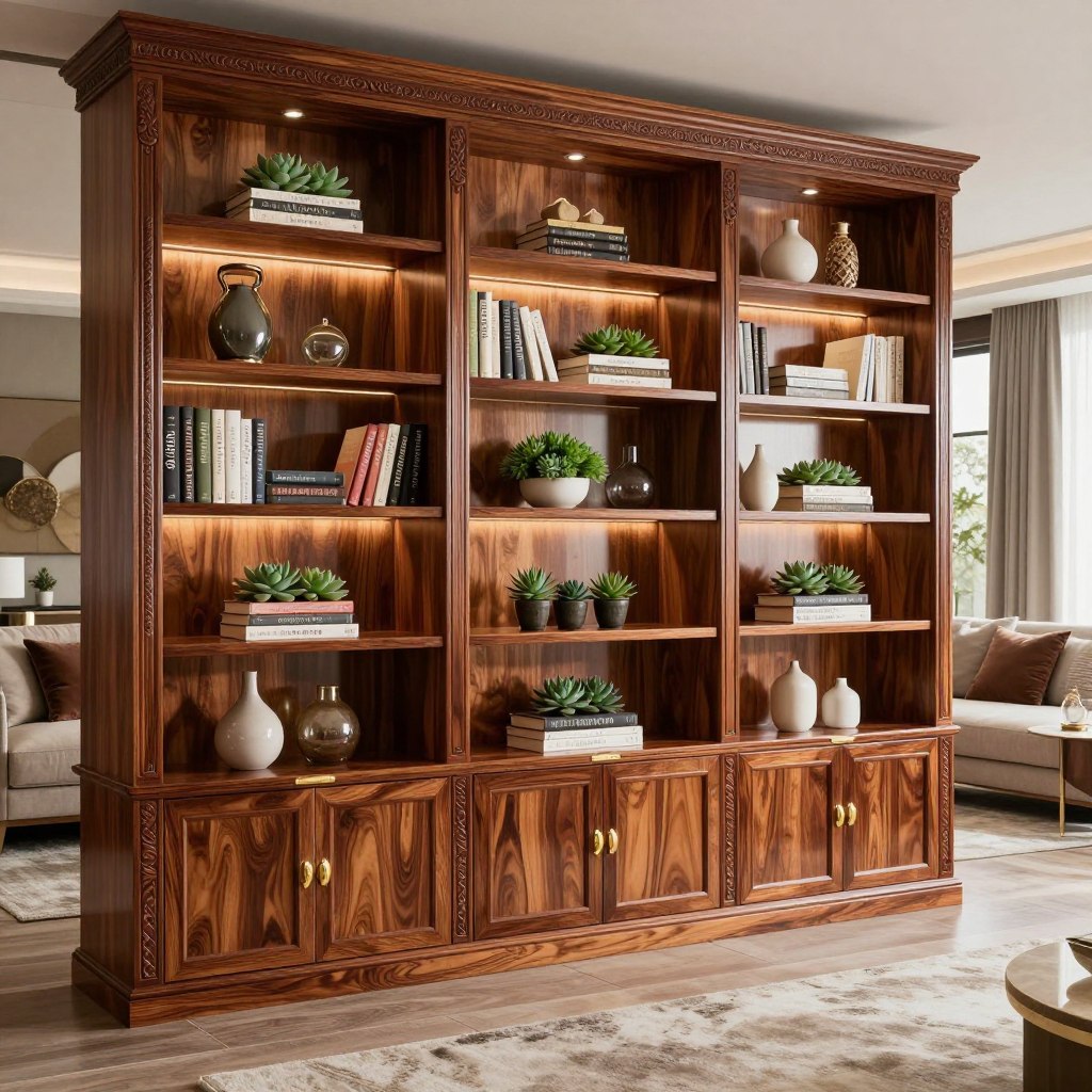 A luxurious built-in bookshelf design showcases an elegant living room wall. The foreground features a stunning, floor-to-ceiling bookshelf made of rich mahogany wood with intricate carvings and gold accents. Light softly reflects off the polished surface, creating a warm glow. The middle layer reveals curated shelves filled with an array of books, decorative items, and carefully arranged succulents, adding a touch of greenery. Ambient lighting highlights the natural wood grain and enhances the refined atmosphere. In the background, a stylish, modern sofa complements the bookshelf with plush cushions, while a cozy area rug in neutral tones anchors the space. The overall mood is sophisticated and inviting, perfect for a luxury living environment.