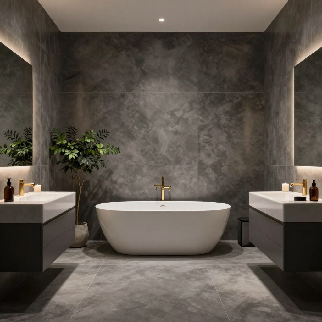 A luxurious charcoal powder room featuring elegant grey tones on the walls and floor, showcasing a sophisticated freestanding bathtub in the center, accented by sleek brushed gold fixtures. The scene is illuminated by soft, warm lighting, enhancing the calm and soothing atmosphere. In the foreground, a minimalist vanity with a large mirror reflects the room's refined aesthetic, surrounded by tasteful decor elements such as potted greenery and scented candles. The middle ground showcases large format tiles with a textured finish, while the background features subtle, artistic shadows that create depth. The overall mood is tranquil and inviting, perfect for a chic escape. The composition captures a wide-angle view, emphasizing the space’s elegance and sophistication. A luxurious charcoal powder room featuring elegant grey tones on the walls and floor, showcasing a sophisticated freestanding bathtub in the center, accented by sleek brushed gold fixtures. The scene is illuminated by soft, warm lighting, enhancing the calm and soothing atmosphere. In the foreground, a minimalist vanity with a large mirror reflects the room's refined aesthetic, surrounded by tasteful decor elements such as potted greenery and scented candles. The middle ground showcases large format tiles with a textured finish, while the background features subtle, artistic shadows that create depth. The overall mood is tranquil and inviting, perfect for a chic escape. The composition captures a wide-angle view, emphasizing the space’s elegance and sophistication.