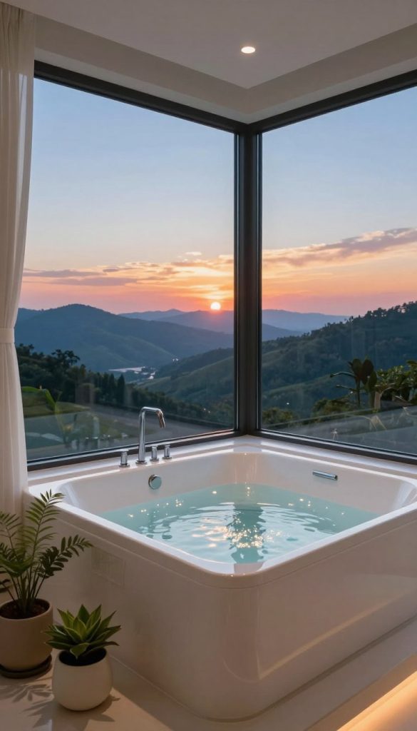 A luxurious corner window-side bathtub with sleek modern design, elegantly placed in a bright, airy bathroom. The bathtub is filled with shimmering water reflecting the natural light pouring in from expansive glass windows. In the foreground, delicate plants in stylish pots bring a touch of nature, enhancing the serene atmosphere. The middle ground features a view of breathtaking panoramic landscapes, showcasing rolling hills and a vibrant sunset sky, blending warm oranges and pinks. The background reveals distant mountain silhouettes under a clear blue sky. Soft, diffused lighting bathes the scene, creating a tranquil and inviting mood. This composition captures the essence of relaxing with nature while enjoying a bath, emphasizing the beauty of the corner window installation. A luxurious corner window-side bathtub with sleek modern design, elegantly placed in a bright, airy bathroom. The bathtub is filled with shimmering water reflecting the natural light pouring in from expansive glass windows. In the foreground, delicate plants in stylish pots bring a touch of nature, enhancing the serene atmosphere. The middle ground features a view of breathtaking panoramic landscapes, showcasing rolling hills and a vibrant sunset sky, blending warm oranges and pinks. The background reveals distant mountain silhouettes under a clear blue sky. Soft, diffused lighting bathes the scene, creating a tranquil and inviting mood. This composition captures the essence of relaxing with nature while enjoying a bath, emphasizing the beauty of the corner window installation.