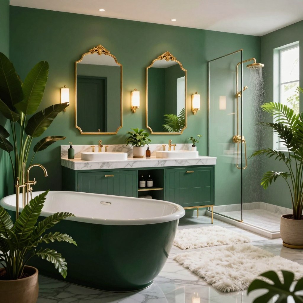 A luxurious emerald green bathroom showcasing opulence and tranquility. In the foreground, a deep soaking tub with sleek, modern lines sits on a polished marble floor, surrounded by lush potted plants. The middle ground features a double vanity with elegant, gold-accented mirrors, under soft ambient lighting that creates a warm glow. Rich emerald green walls are complemented by delicate gold fixtures and a textured, white plush rug. In the background, a frosted glass shower with a rain showerhead allows natural light to filter through, enhancing the serene atmosphere. Captured from a slightly elevated angle, the scene radiates elegance and sophistication, inviting one to relax and enjoy the luxurious surroundings. A luxurious emerald green bathroom showcasing opulence and tranquility. In the foreground, a deep soaking tub with sleek, modern lines sits on a polished marble floor, surrounded by lush potted plants. The middle ground features a double vanity with elegant, gold-accented mirrors, under soft ambient lighting that creates a warm glow. Rich emerald green walls are complemented by delicate gold fixtures and a textured, white plush rug. In the background, a frosted glass shower with a rain showerhead allows natural light to filter through, enhancing the serene atmosphere. Captured from a slightly elevated angle, the scene radiates elegance and sophistication, inviting one to relax and enjoy the luxurious surroundings.