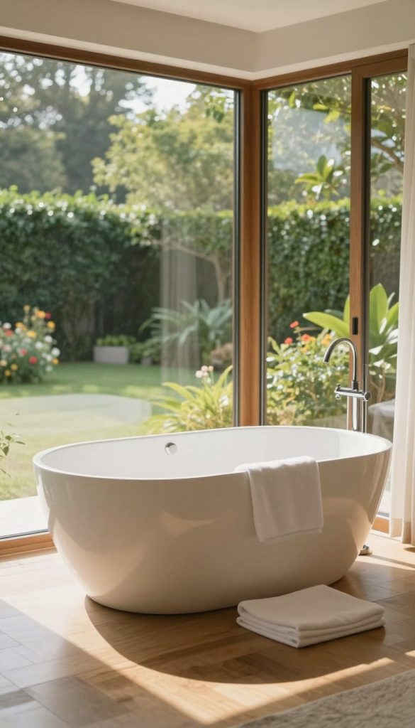 A luxurious freestanding soaking tub positioned elegantly near floor-to-ceiling windows, showcasing a serene view of a tranquil garden. The tub, made of smooth white acrylic, features sleek, modern lines and is surrounded by soft, plush towels. Natural light floods the scene, creating a warm and inviting atmosphere, with soft shadows dancing across the smooth wooden floor. The background reveals lush greenery, with hints of colorful flowers outside the wide window, enhancing the feeling of an indoor-outdoor living space. The overall mood is peaceful and relaxing, capturing the essence of a spa-like retreat, with a focus on tranquility and comfort. The image is framed at a slight angle to emphasize the expansive windows and the elegance of the soaking tub. A luxurious freestanding soaking tub positioned elegantly near floor-to-ceiling windows, showcasing a serene view of a tranquil garden. The tub, made of smooth white acrylic, features sleek, modern lines and is surrounded by soft, plush towels. Natural light floods the scene, creating a warm and inviting atmosphere, with soft shadows dancing across the smooth wooden floor. The background reveals lush greenery, with hints of colorful flowers outside the wide window, enhancing the feeling of an indoor-outdoor living space. The overall mood is peaceful and relaxing, capturing the essence of a spa-like retreat, with a focus on tranquility and comfort. The image is framed at a slight angle to emphasize the expansive windows and the elegance of the soaking tub.