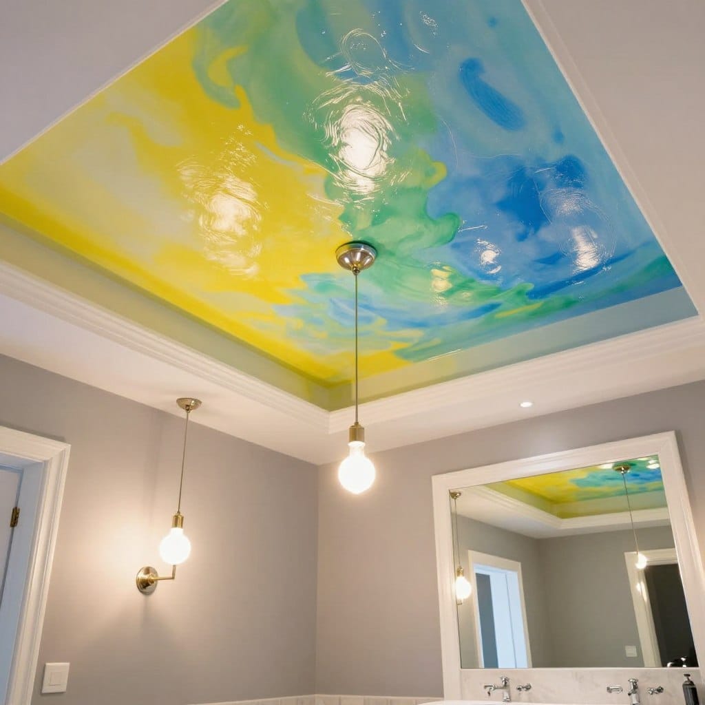 A luxurious high-gloss white ceiling reflecting vibrant light in a stylish bathroom. The foreground features soft, diffused light cascading down from an elegant pendant light fixture, enhancing the paint's sheen. In the middle ground, the glossy ceiling showcases a spectrum of bright, reflective paint colors—sunny yellows, ocean blues, and radiant greens—creating a dazzling, uplifting ambience. The walls are painted in a muted gray to accentuate the ceiling's brilliance. In the background, a modern vanity with chrome fixtures and a large mirror reflects the colors, further amplifying the luminance. The scene is illuminated with warm, inviting lighting, creating a cheerful, spacious atmosphere perfect for a no-window bathroom. Focused angle captures the ceiling overhead, emphasizing the interplay of light and color without distractions. A luxurious high-gloss white ceiling reflecting vibrant light in a stylish bathroom. The foreground features soft, diffused light cascading down from an elegant pendant light fixture, enhancing the paint's sheen. In the middle ground, the glossy ceiling showcases a spectrum of bright, reflective paint colors—sunny yellows, ocean blues, and radiant greens—creating a dazzling, uplifting ambience. The walls are painted in a muted gray to accentuate the ceiling's brilliance. In the background, a modern vanity with chrome fixtures and a large mirror reflects the colors, further amplifying the luminance. The scene is illuminated with warm, inviting lighting, creating a cheerful, spacious atmosphere perfect for a no-window bathroom. Focused angle captures the ceiling overhead, emphasizing the interplay of light and color without distractions.
