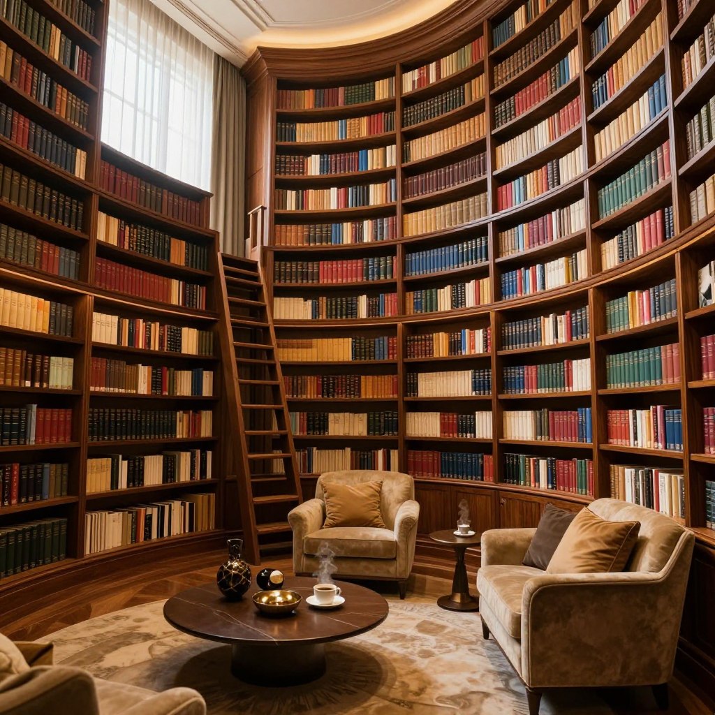 A luxurious home library featuring stunning floor-to-ceiling library walls filled with books organized by color and genre. The room has rich wooden tones, with shelves that elegantly curve around a cozy reading nook complete with a plush armchair and soft cushions. Warm ambient lighting casts a golden glow, creating an inviting atmosphere. In the foreground, a stylish coffee table displays decorative objects and a steaming cup of coffee. The middle ground includes the magnificent bookshelves, meticulously designed with intricate woodwork and ladder access. The background reveals tall windows draped in sheer curtains, allowing natural light to filter in, enhancing the serene ambiance. Capture this scene from a slightly elevated angle to emphasize the height of the bookshelves, evoking a sense of luxury and comfort.