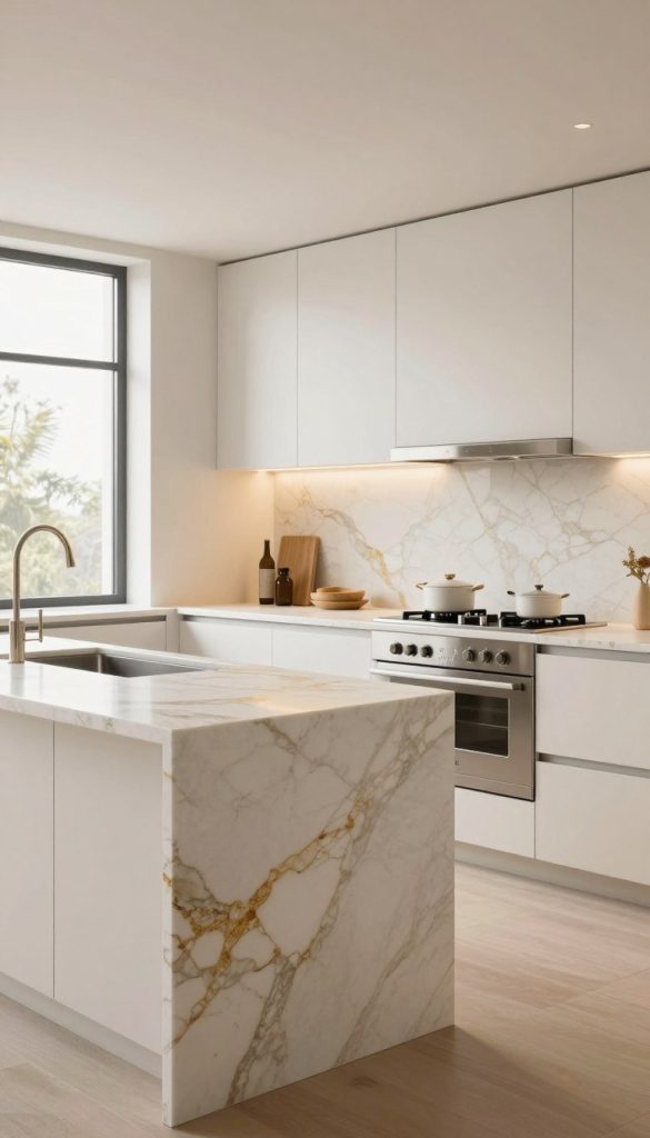 A luxurious kitchen featuring Calacatta Gold marble, showcasing a seamless integrated design. The foreground includes a stunning marble island with elegant veining, paired with sleek modern cabinetry in soft white. In the middle, an expansive countertop flows into a stylish backsplash made of the same Calacatta Gold marble, with polished stainless steel appliances reflecting a contemporary aesthetic. The background reveals an open space, accentuated by large windows allowing natural light to pour in, illuminating the warm tones of the marble and enhancing the kitchen's spacious atmosphere. Soft, ambient lighting highlights the subtle textures of the surfaces, creating a sophisticated and inviting environment. The scene captures a timeless elegance, perfect for a modern luxurious kitchen concept.