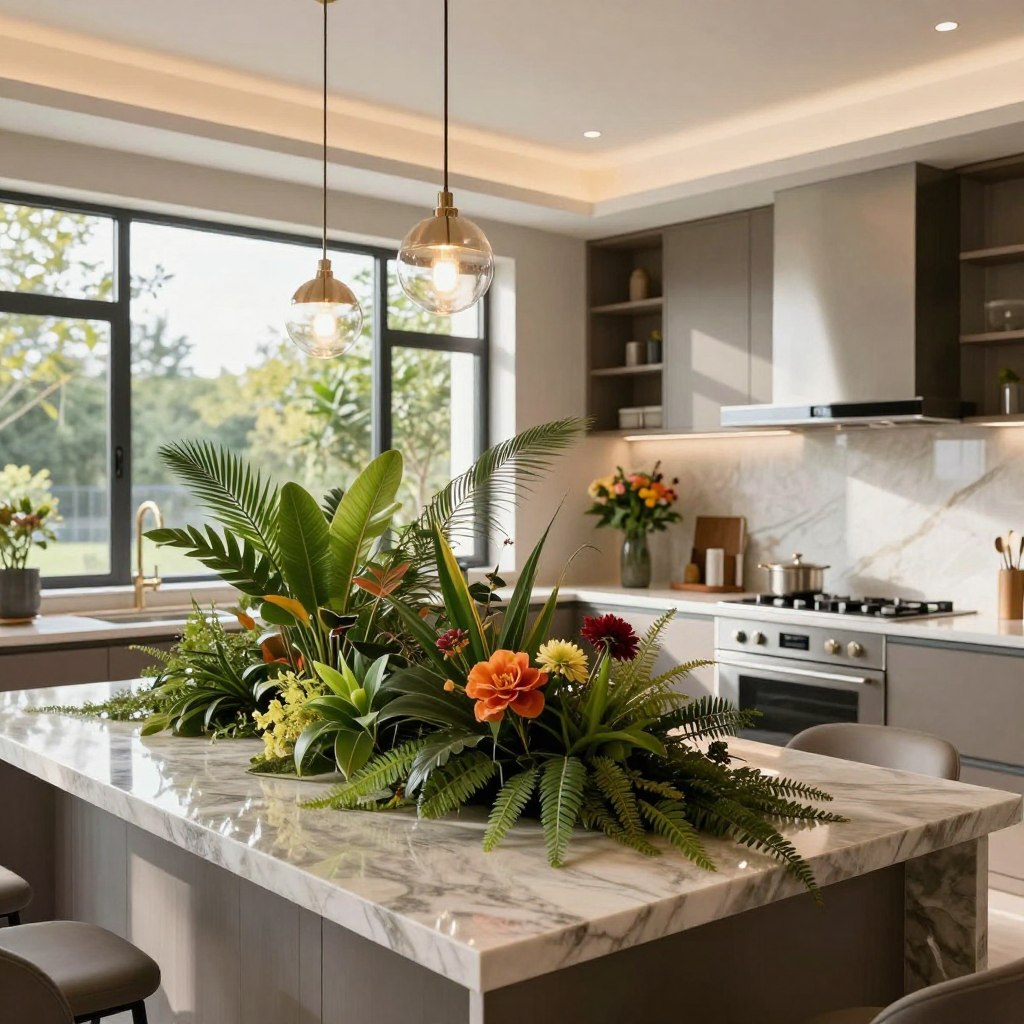 A luxurious kitchen featuring a stunning living centerpiece on a sleek kitchen island. In the foreground, a beautifully curated arrangement of lush green plants and vibrant flowers with rich textures, creating a sense of warmth and life. The middle of the image showcases a modern, elegant kitchen with high-end appliances, polished stone countertops, and ample natural light streaming through large windows, accentuating the space. In the background, tastefully chosen cabinetry and stylish pendant lighting enhance the sophisticated atmosphere. The lighting is bright and inviting, highlighting the organic textures of the plants and the sleek lines of the kitchen design. The overall mood is serene and upscale, ideal for those looking to elevate their home environment. Ensure no people are present in this setting.