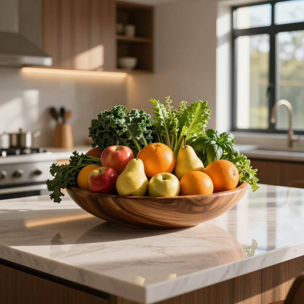 A luxurious kitchen island adorned with an elegant centerpiece featuring an artful display of vibrant fruits and fresh vegetables. In the foreground, a polished wooden bowl brims with ripe, colorful fruits like glossy apples, plump pears, and striking oranges, interspersed with lush greens of herbs and leafy vegetables like kale and basil. The middle ground reveals the smooth countertop, reflecting the assortment elegantly. In the background, a stylish kitchen setup offers hints of modern appliances and warm, ambient lighting, creating an inviting atmosphere. Soft sunlight streams in through large windows, casting gentle shadows that enhance the polished details. The overall mood exudes sophistication and warmth, perfect for a luxurious culinary space.