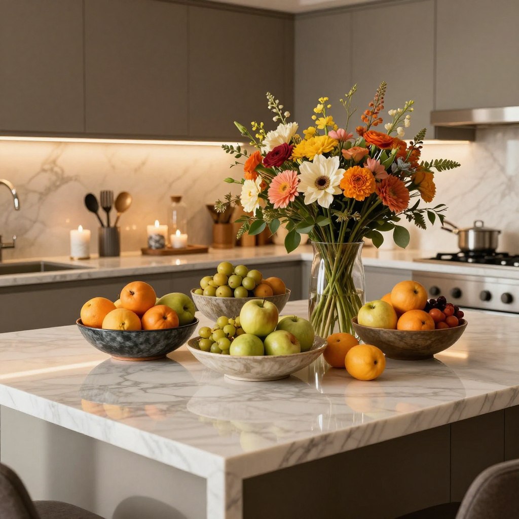 A luxurious kitchen island centerpiece decor, featuring an elegant arrangement of fresh seasonal fruits in artisan bowls, complemented by intricate vases filled with vibrant flowers. The foreground showcases polished marble surfaces reflecting soft natural light, while the middle ground includes stylish kitchenware, such as chic utensils and decorative candles. In the background, modern cabinetry with sleek finishes provides a sophisticated contrast. The scene is bathed in warm, inviting lighting, creating a cozy yet upscale atmosphere. Capture this from a slightly elevated angle to emphasize the island's grandeur, allowing the textures and colors to pop, evoking a sense of luxury and warmth essential for a centerpiece that transforms the kitchen hub.