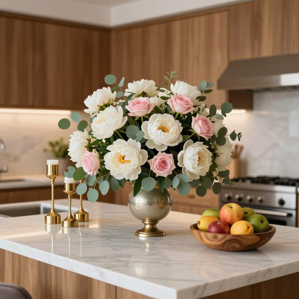 A luxurious kitchen island centerpiece, elegantly arranged with a stunning floral arrangement of white peonies and soft pink roses, accented by deep green eucalyptus. The centerpiece is placed on a sleek, polished marble surface, reflecting ambient light. Surrounding the arrangement are tasteful decorative items: a set of gleaming gold candlesticks and an artisanal wooden bowl filled with fresh, vibrant fruits. The background features a modern kitchen with warm, natural wood cabinetry and soft, stylish accent lighting. The scene is captured from a slightly elevated angle, emphasizing the depth and texture of the decor. The overall atmosphere is inviting and sophisticated, embodying a sense of warmth and elegance that enhances the heart of the home.