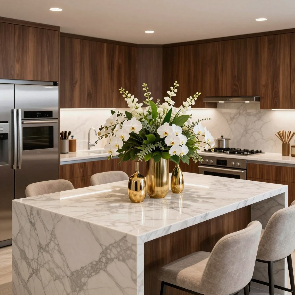A luxurious kitchen island centerpiece that exudes sophistication and elegance. In the foreground, a stunning marble island adorned with an artistic floral arrangement consisting of white orchids and lush greenery, complemented by elegant gold vases. In the middle, modern barstools with plush upholstery surround the island, inviting and comfortable. The background features sleek cabinetry in rich walnut tones and state-of-the-art stainless steel appliances, with soft ambient lighting that highlights the textures and finishes. The composition is captured from a slightly elevated angle, creating a panoramic view of this opulent kitchen space, infused with a warm and inviting atmosphere, perfect for both cooking and entertaining. The overall mood radiates luxury and modern elegance, without any distractions such as text or watermarks.