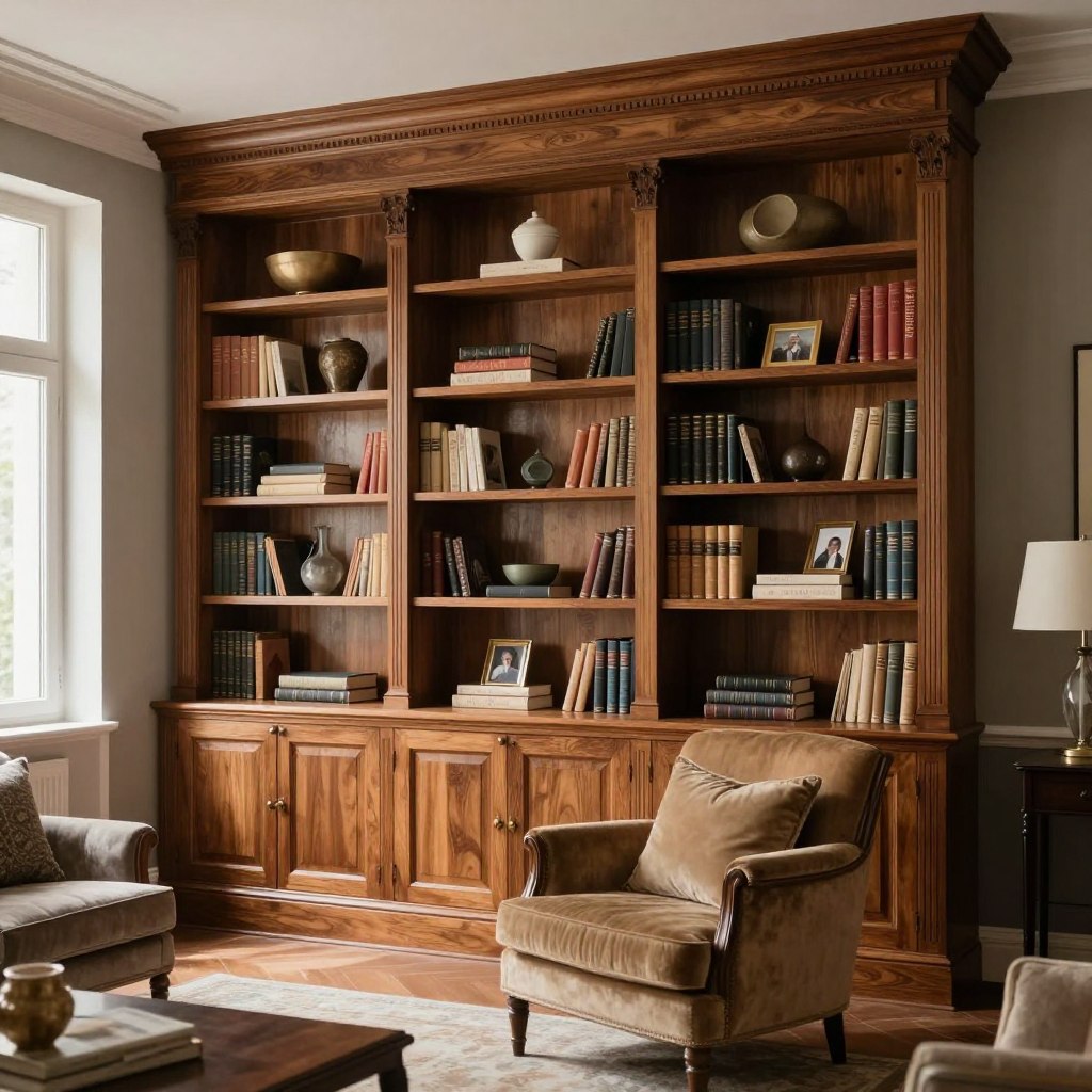 A luxurious living room featuring a classic panelled built-in bookshelf, designed with elegant crown molding at the top for a sophisticated touch. The bookshelf is filled with an array of beautifully bound books, decorative items, and framed photographs that evoke a sense of refinement. The foreground showcases the intricate woodwork and fine detailing, with soft lighting highlighting the textures. In the middle, a cozy armchair invites relaxation, adorned with plush cushions that complement the wooden tones. The background features a tastefully painted wall, which enhances the high-end aesthetic. The overall atmosphere is one of warmth and elegance, with natural light streaming in through a nearby window, creating a serene and inviting space. The angle captures the entire bookshelf and furniture in a balanced composition.