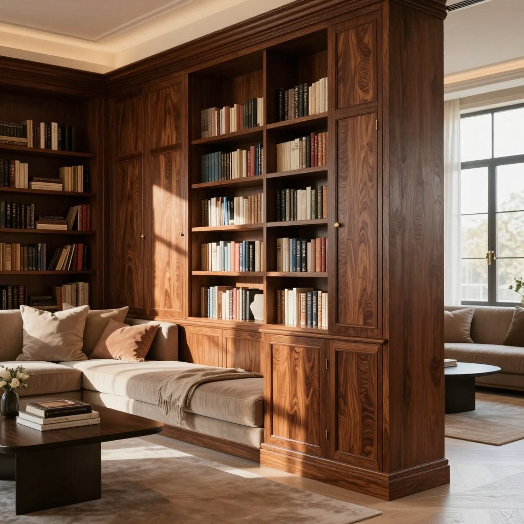 A luxurious living room featuring custom built-in bookshelves with hidden storage compartments and discreet doors. The foreground should showcase elegantly designed wooden bookshelves, seamlessly integrated into the wall, with a rich mahogany finish. The middle section includes plush, inviting seating, adorned with soft throw pillows, and a stylish coffee table in front. In the background, large windows allow warm, natural light to flood the room, casting soft shadows that enhance the elegant atmosphere. The overall mood is sophisticated and cozy, perfect for relaxation and reading. Use a slight angle that captures depth, and highlight the intricate details of the bookshelves and craftsmanship without cluttering the space. Ensure a clean, crisp look free of any text or distractions.