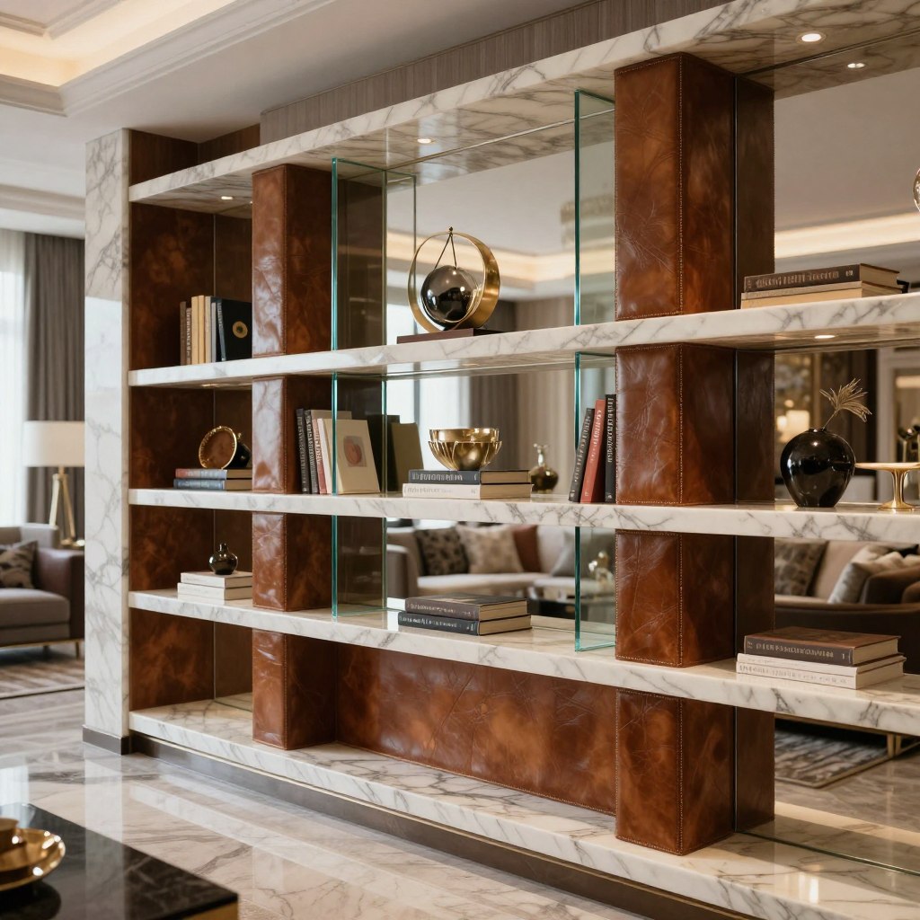 A luxurious living room featuring statement-making built-in bookshelves, showcasing a harmonious blend of marble, glass, and leather insets. In the foreground, the bookcase boasts sleek, glossy marble shelves, accented by rich leather panels that provide texture and warmth. The middle section includes elegant glass bookends and artistic displays of books and decor items. The background showcases a tastefully decorated living room with soft, ambient lighting, enhancing the opulence of the materials. The overall atmosphere is sophisticated and inviting, conveying a sense of modern elegance and design innovation. Capture the scene from a slightly elevated angle, using soft focus on the edges to highlight the craftsmanship of the bookcase while ensuring the overall image remains crisp and detailed.
