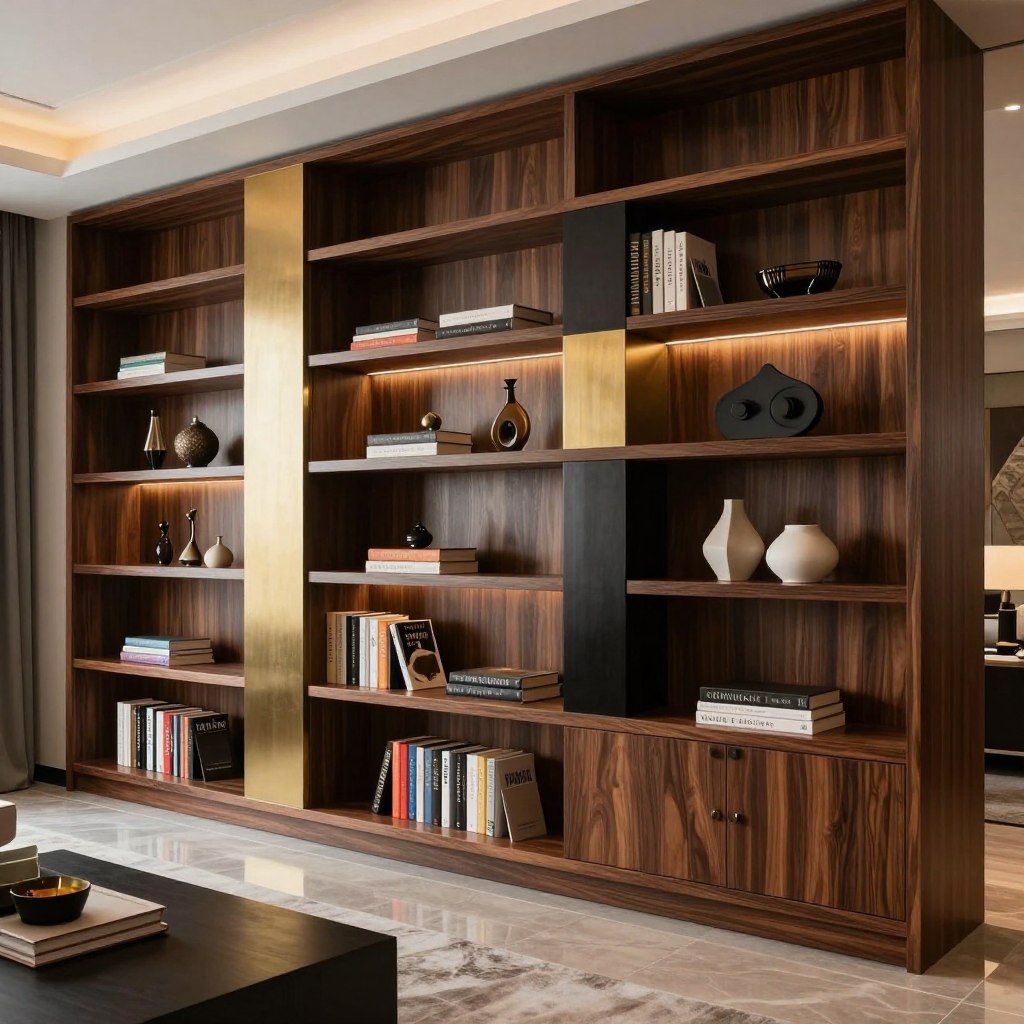 A luxurious living room showcasing mixed-material built-ins, featuring elegant wooden shelves interspersed with sleek metal accents. In the foreground, display a vibrant array of books and decorative items harmoniously arranged on the shelves. In the middle ground, emphasize the rich textures of dark stained wood complemented by brushed gold and matte black metal elements. The background reveals a softly lit space with warm ambient lighting, creating an inviting atmosphere. Utilize a wide-angle lens to capture the full extent of the built-ins, with a focus on the craftsmanship of the materials. The overall mood should evoke sophistication and modern elegance, making it an inspiring focal point in the room.