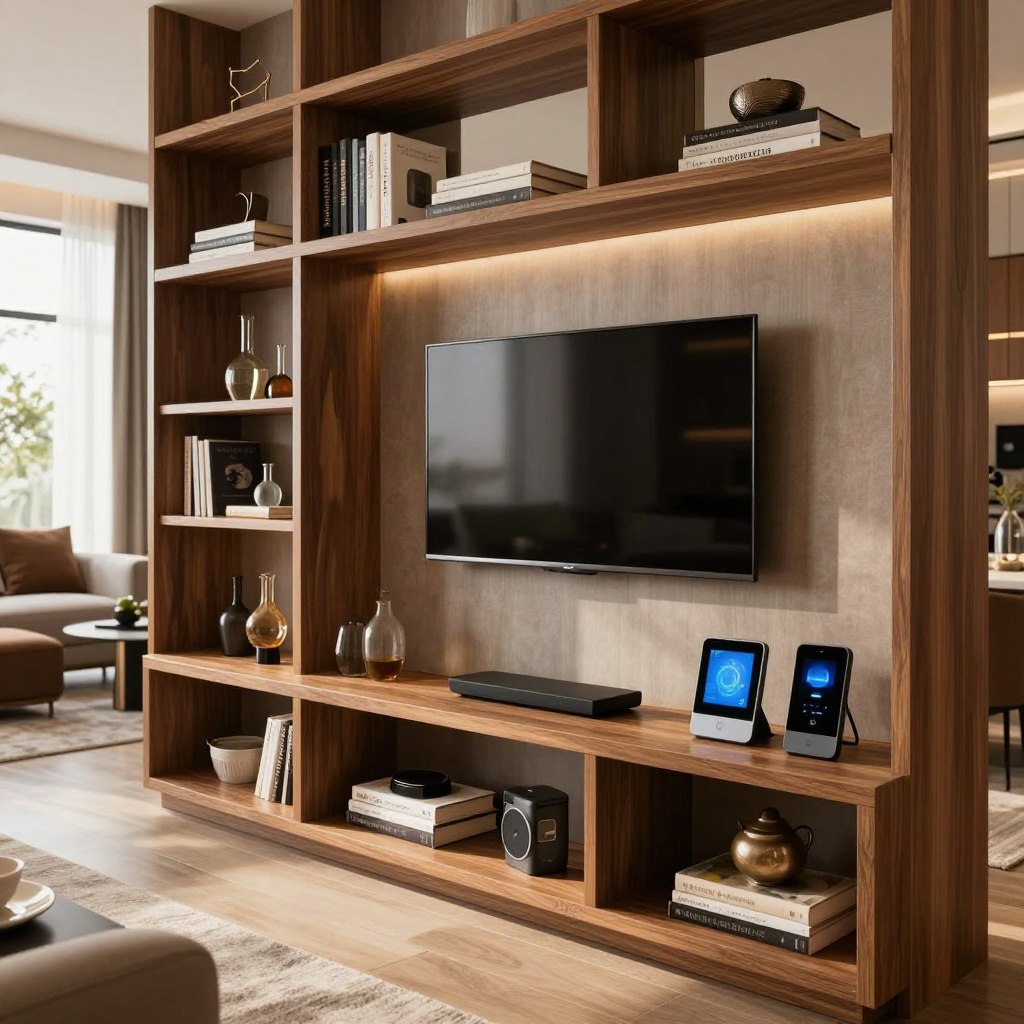 A luxurious living room showcasing premium built-in shelving units integrated with modern media and technology. In the foreground, sleek wooden shelving features a combination of open and closed storage, displaying an elegant arrangement of books, decorative items, and smart home devices. The middle ground showcases a stylish media center with a large flat-screen TV seamlessly incorporated into the shelving. The background reveals a tastefully decorated living space with plush furniture, soft lighting, and warm, inviting colors. Natural light streams in through large windows, creating a cozy atmosphere. The focus is on the design's sophistication, blending functionality with contemporary aesthetics, captured from a slightly elevated angle to emphasize the shelving's architectural details.