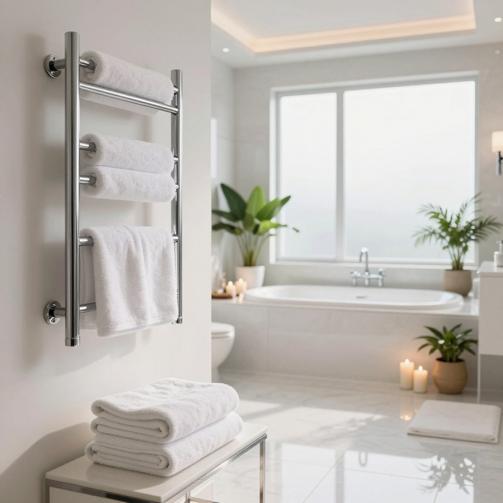 A luxurious master bathroom featuring elegant towel warmers mounted on pristine white walls, gleaming with chrome finishes. In the foreground, plush, neatly folded towels rest on a modern, sleek bath bench. The middle ground showcases a spacious soaking tub surrounded by decorative candles and potted plants, enhancing the spa-like ambiance. The background reveals large frosted windows allowing soft, diffused natural light to flood the space, accentuating the tranquil atmosphere. Subtle reflections in the polished floor tiles add depth to the scene. The overall mood conveys relaxation and indulgence, inviting viewers to imagine a serene retreat. Use bright daylight lighting to illuminate each detail and create a welcoming environment, shot from a slightly elevated angle to capture the full scope of this elegant bathroom sanctuary. A luxurious master bathroom featuring elegant towel warmers mounted on pristine white walls, gleaming with chrome finishes. In the foreground, plush, neatly folded towels rest on a modern, sleek bath bench. The middle ground showcases a spacious soaking tub surrounded by decorative candles and potted plants, enhancing the spa-like ambiance. The background reveals large frosted windows allowing soft, diffused natural light to flood the space, accentuating the tranquil atmosphere. Subtle reflections in the polished floor tiles add depth to the scene. The overall mood conveys relaxation and indulgence, inviting viewers to imagine a serene retreat. Use bright daylight lighting to illuminate each detail and create a welcoming environment, shot from a slightly elevated angle to capture the full scope of this elegant bathroom sanctuary.
