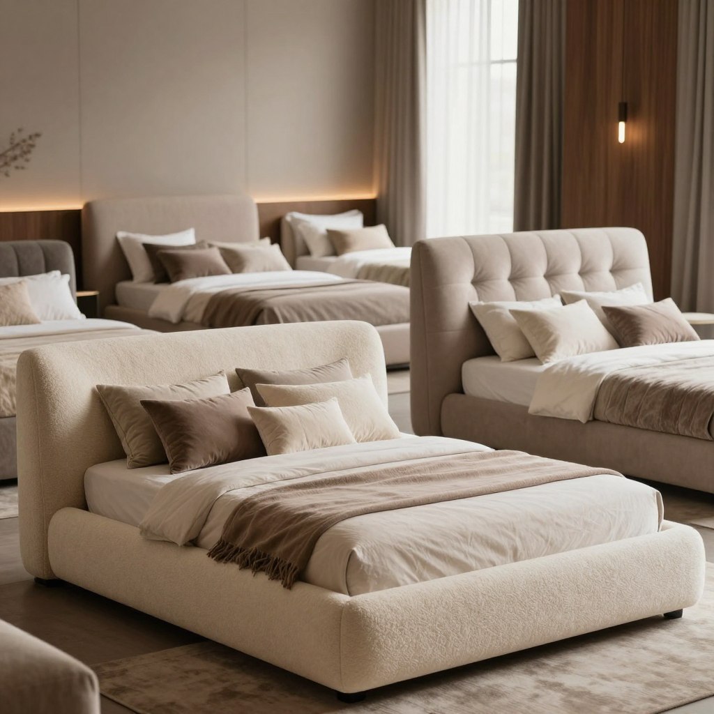 A luxurious master bedroom featuring a collection of premium upholstered beds, focusing on boucle and textured fabric designs. In the foreground, display a stunning king-sized bed upholstered in soft, creamy boucle fabric, showcasing sculptural headboard details and elegant curves. Surround it with plush throw pillows in complementary shades of taupe and ivory. The middle ground introduces an array of textured beds in various styles, such as sleek modern silhouettes and classic tufted designs. The background should softly highlight a serene atmosphere with muted-color walls, rich wooden accents, and ambient warm lighting streaming through sheer drapes. Capture the image with a softly blurred background to emphasize the luxurious beds, using a shallow depth of field. Aim for a cozy yet sophisticated ambiance, ideal for a master bedroom retreat in 2026.
