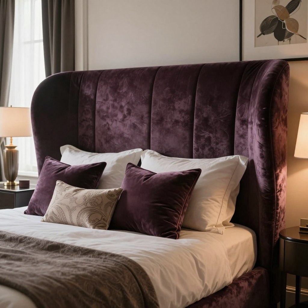A luxurious master bedroom featuring high-end bed upholstery, showcasing a stunning curved and sculptural headboard design. The headboard is upholstered in rich, textured velvet, with elegant curves and subtle stitches that create a sense of depth and sophistication. The bed is adorned with plush, decorative pillows in various sizes, harmonizing in a color palette of deep jewel tones and soft neutrals. Soft, warm lighting bathes the scene, highlighting the intricate details and inviting atmosphere. The background features a tasteful arrangement of contemporary furnishings, a softly draped window allowing natural light to filter in, and elegant artwork that complements the overall aesthetic. The image captures tranquility and opulence, evoking a serene and inviting space perfect for relaxation.