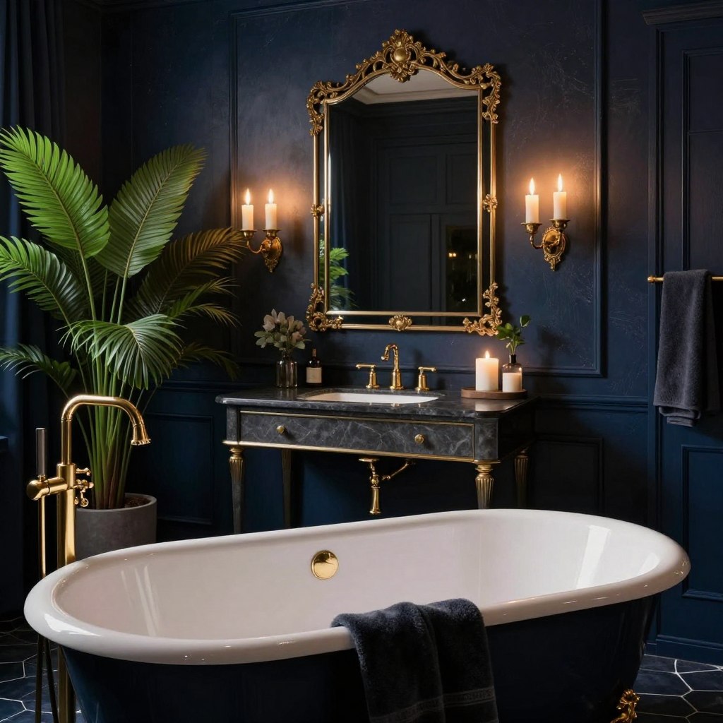 A luxurious navy blue bathroom with dramatic, moody decor. In the foreground, a deep, freestanding bathtub adorned with elegant gold fixtures and surrounded by plush, dark towels. The middle layer features a striking charcoal vanity, complete with a large, ornate mirror that reflects soft candlelight. In the background, rich emerald plants softly illuminate the space against dark, textured walls, creating a serene atmosphere. The lighting is warm and inviting, with gentle shadows creating depth. The angle captures the entire scene, evoking a sophisticated maritime-inspired design. The overall mood is tranquil and opulent, perfect for a timeless luxury aesthetic. A luxurious navy blue bathroom with dramatic, moody decor. In the foreground, a deep, freestanding bathtub adorned with elegant gold fixtures and surrounded by plush, dark towels. The middle layer features a striking charcoal vanity, complete with a large, ornate mirror that reflects soft candlelight. In the background, rich emerald plants softly illuminate the space against dark, textured walls, creating a serene atmosphere. The lighting is warm and inviting, with gentle shadows creating depth. The angle captures the entire scene, evoking a sophisticated maritime-inspired design. The overall mood is tranquil and opulent, perfect for a timeless luxury aesthetic.