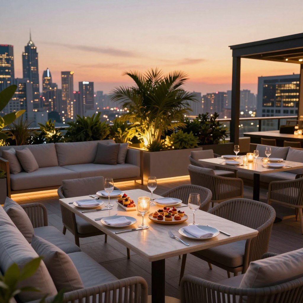 A luxurious rooftop entertaining area designed for social gatherings, showcasing elegant outdoor furniture including plush sofas and a stylish dining set. In the foreground, a beautifully arranged table with sophisticated tableware and an array of gourmet appetizers. The middle section features lush green potted plants and ambient lighting, creating a warm atmosphere. In the background, a stunning city skyline at dusk with twinkling lights and a vibrant sunset sky, adding a touch of glamour. Use soft, golden hour lighting to enhance the inviting mood, captured from a slightly elevated angle to emphasize the spacious layout. The scene should radiate sophistication and comfort, perfect for hosting upscale events while remaining safe for work.
