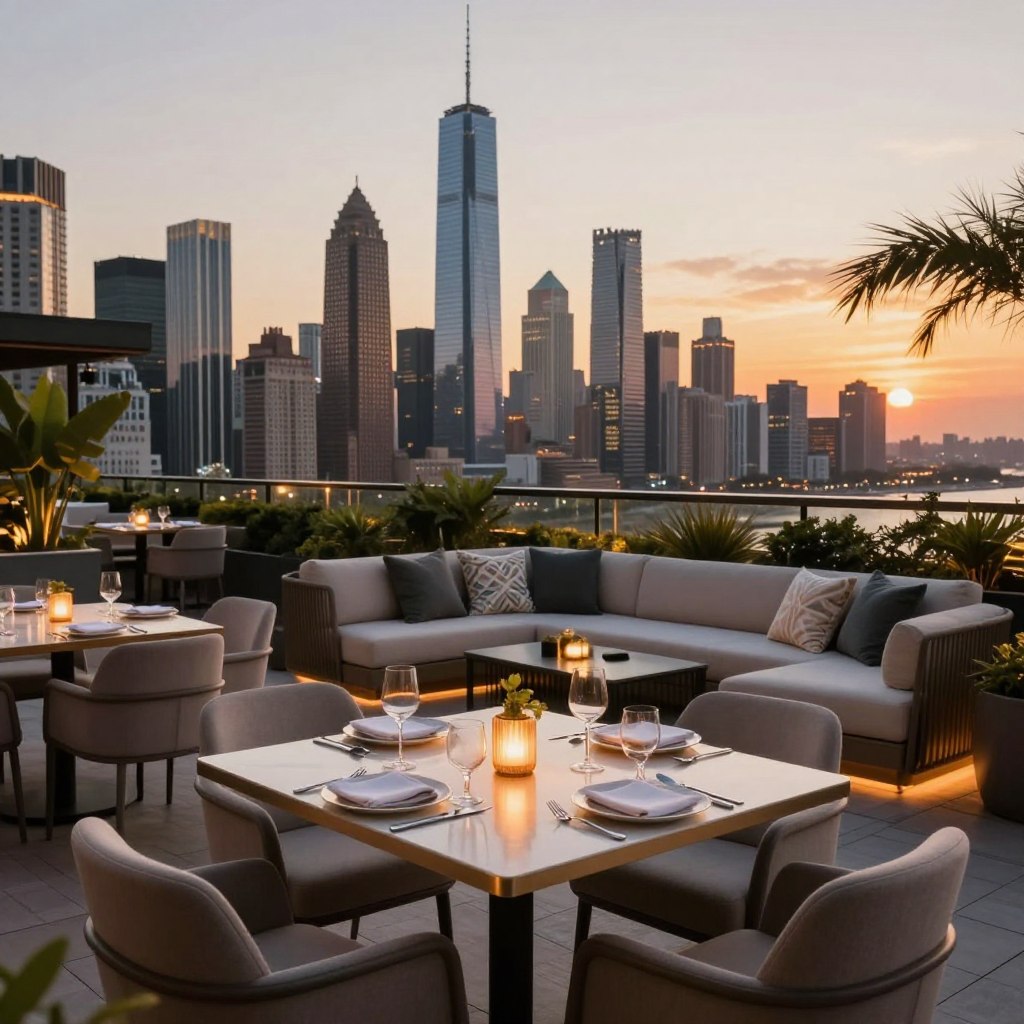 A luxurious rooftop entertaining area featuring elegant dining furniture and lounge spaces, set against a stunning city skyline during golden hour. In the foreground, a beautifully arranged table with fine dining settings, surrounded by plush chairs and soft, ambient lighting. The middle ground showcases a cozy lounge area with a stylish outdoor sofa, adorned with decorative cushions and a sleek coffee table, perfect for casual gatherings. The background captures towering skyscrapers and a picturesque sunset, casting a warm glow across the scene. A soft breeze moves through, enhancing the inviting atmosphere. The overall mood is sophisticated yet welcoming, ideal for entertaining guests in style.