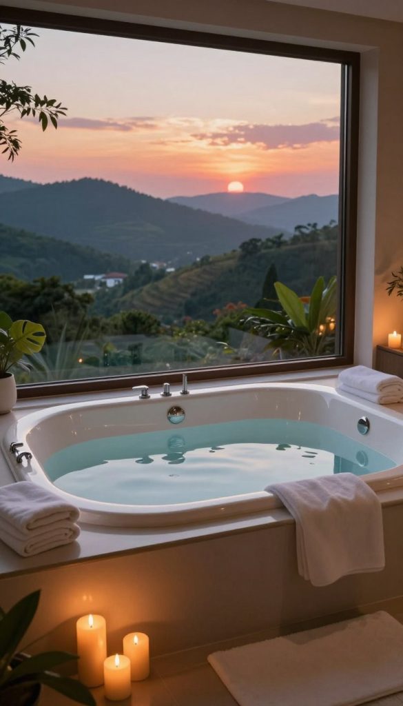 A luxurious soaking tub positioned by a large window, showcasing breathtaking panoramic views of a serene landscape. The tub, made of sleek white porcelain, is elegantly surrounded by soft white towels and lush greenery, creating a calming atmosphere. In the foreground, delicate candles flicker softly, casting a warm glow. The middle layer highlights the peaceful tub filled with crystal clear water, reflecting the natural light streaming in. The background features a stunning view of rolling hills and a sunset sky, painted with hues of orange, pink, and lavender. The scene is imbued with tranquility, inviting relaxation and evoking the serenity of a spa sanctuary. Soft natural lighting enhances the calm mood, showcasing the rich textures of the space. A luxurious soaking tub positioned by a large window, showcasing breathtaking panoramic views of a serene landscape. The tub, made of sleek white porcelain, is elegantly surrounded by soft white towels and lush greenery, creating a calming atmosphere. In the foreground, delicate candles flicker softly, casting a warm glow. The middle layer highlights the peaceful tub filled with crystal clear water, reflecting the natural light streaming in. The background features a stunning view of rolling hills and a sunset sky, painted with hues of orange, pink, and lavender. The scene is imbued with tranquility, inviting relaxation and evoking the serenity of a spa sanctuary. Soft natural lighting enhances the calm mood, showcasing the rich textures of the space.