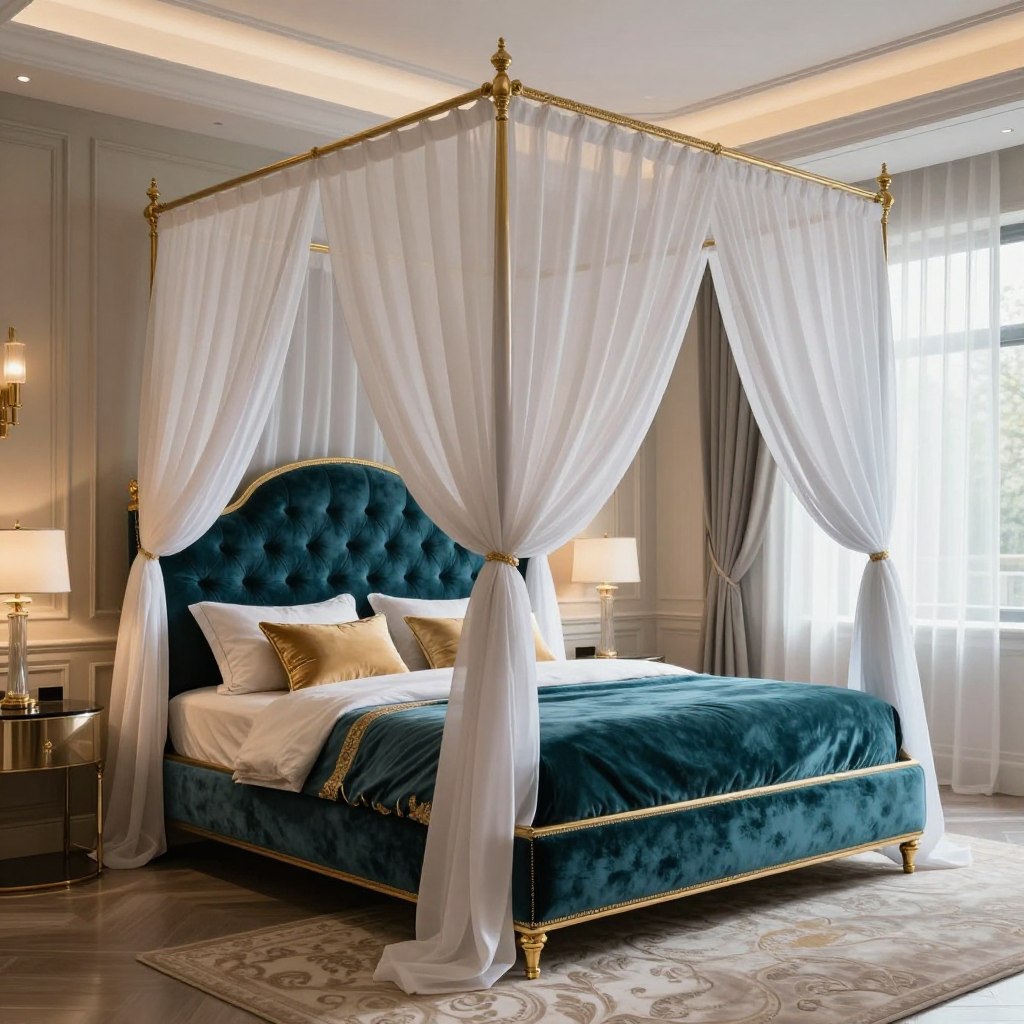 A luxurious upholstered four poster bed with a grand canopy, set against an elegantly decorated master bedroom. The bed features rich, deep teal velvet fabric, embellished with intricate gold trim and plush, tufted headboard. The canopy is lightly draped with sheer, flowing white fabric, creating a dreamy atmosphere. Soft, ambient lighting illuminates the space, casting gentle shadows. Decorative pillows in soft gold and cream adorn the bed, while an opulent plush area rug in subtle patterns enhances the rich interior. The background reveals tasteful wall decor, elegant chandelier lighting, and large windows draped with sheer curtains, allowing natural light to filter through, contributing to a serene and inviting mood. The scene captures the essence of modern luxury and sophistication.