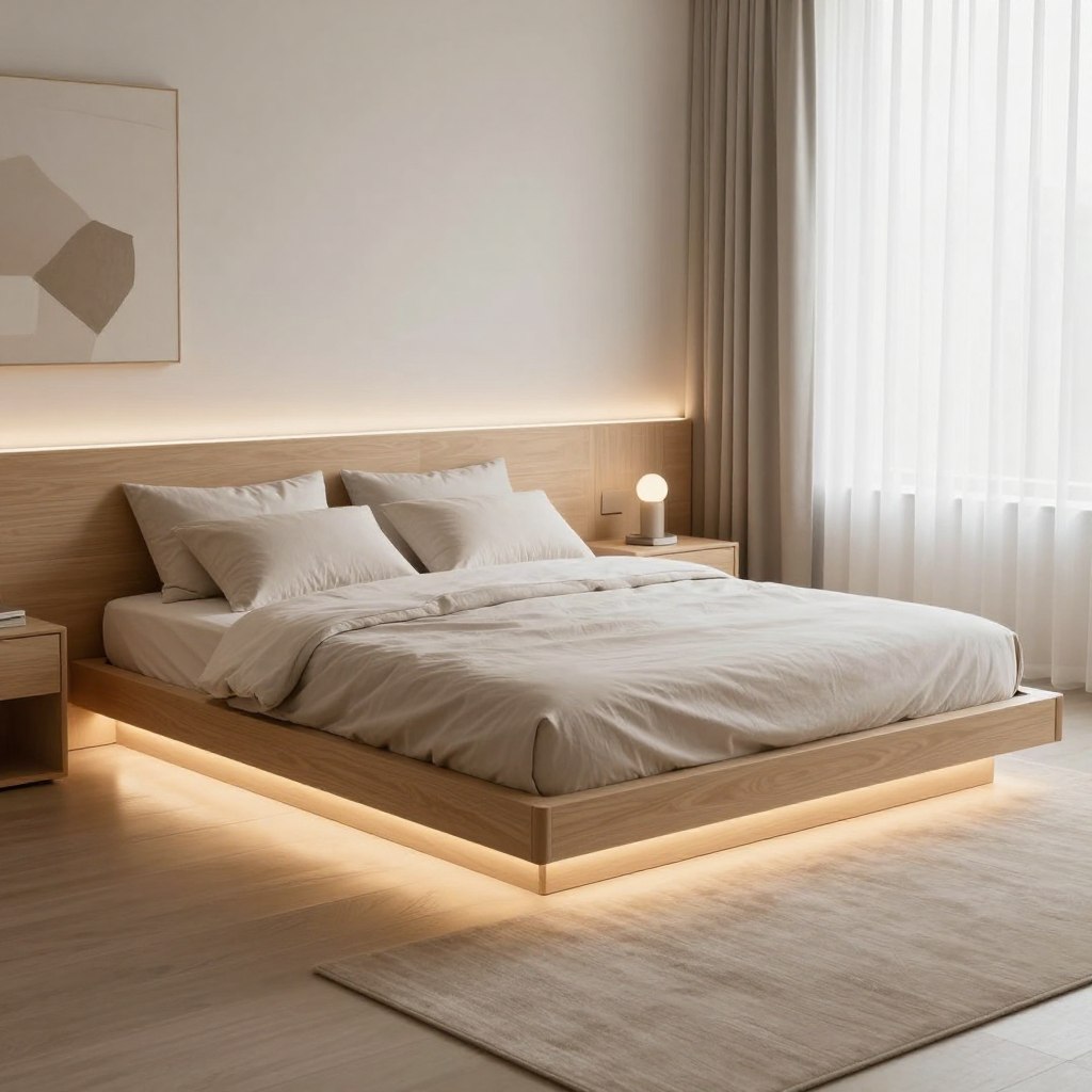 A minimalist bedroom featuring a sleek modern platform bed with integrated LED lighting. The bed is low-profile, crafted from light wood with clean lines and a smooth finish, accented by a soft glow of adjustable LED lights beneath the frame that create an inviting atmosphere. In the foreground, a neatly made bed adorned with neutral-toned linens and modern pillows adds warmth. The middle ground showcases a stylish bedside table with a minimalist lamp, and the background includes a softly lit wall with abstract art, enhancing the serene and contemporary vibe of the space. The room is well-lit with natural light filtering through sheer curtains, giving a calm and tranquil feeling, captured from a wide angle to showcase the elegance of the design.