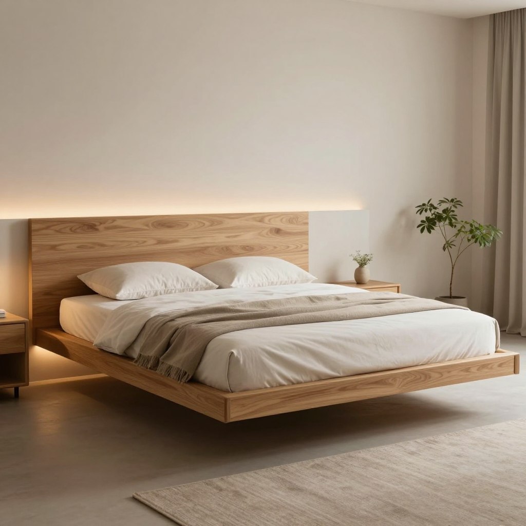 A minimalist floating platform bed with sleek lines and a natural wood finish, elegantly suspended against a softly lit wall. The bed features a low-profile design, inviting a sense of serenity and sophistication. Beneath the mattress, a clean, wall-mounted support system provides an illusion of weightlessness, adding to the contemporary aesthetic. Warm, ambient lighting highlights the textures of the wood and the plush bedding, creating a cozy yet refined atmosphere. The background contains a minimalist bedroom decor, including simple accents like a small potted plant and a muted rug, all while maintaining a harmonious color palette. Capture the scene from a slightly elevated angle, emphasizing the floating effect and allowing the serene ambiance of the space to shine through.