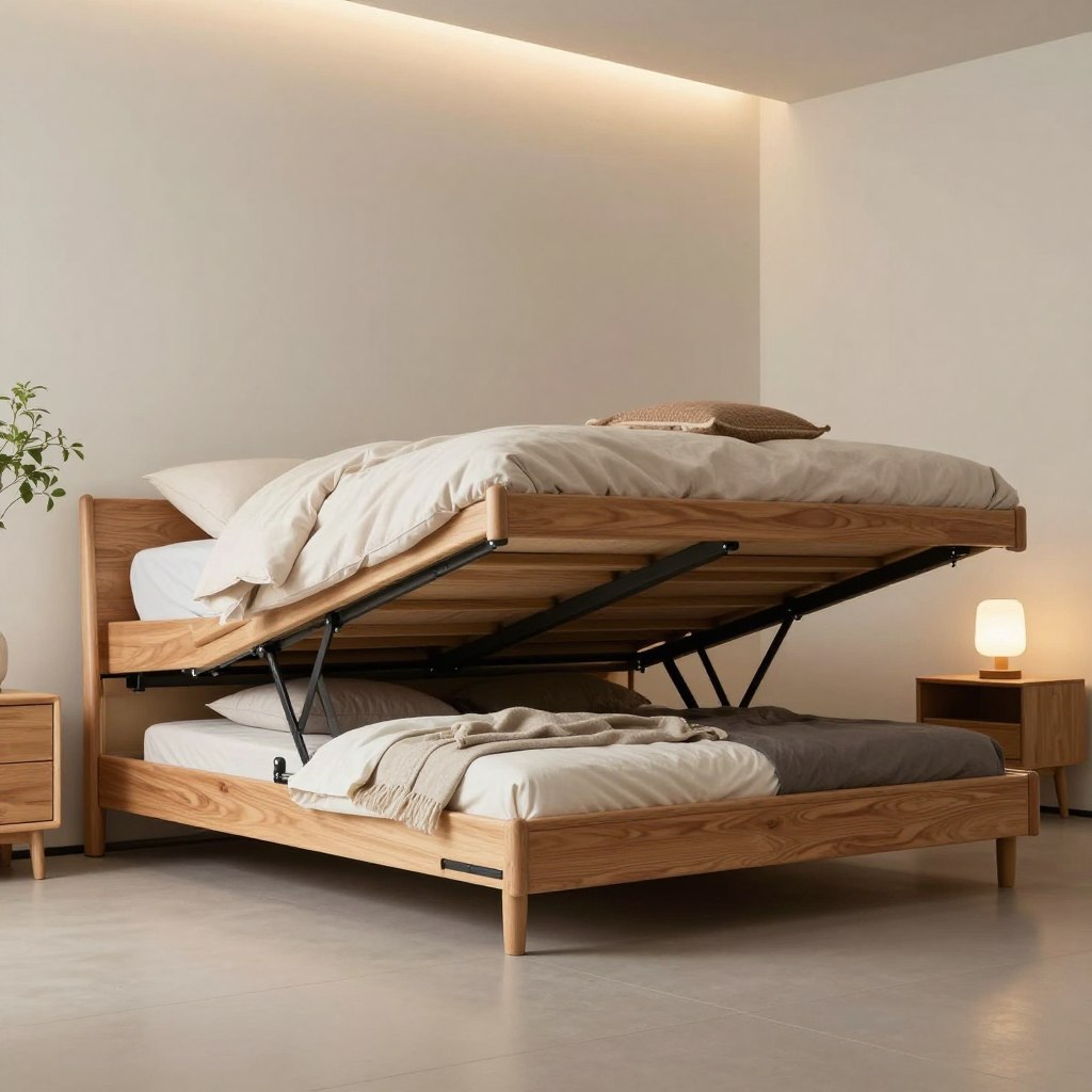 A minimalist platform bed design featuring a hydraulic lift mechanism for storage, placed against a softly lit, neutral-colored wall. The bed showcases clean lines and a sleek wooden frame, highlighting its functional elegance. The storage space beneath the bed is partially open, revealing organized bedding and minimalist storage solutions. A plush, simple duvet and a few decorative pillows adorn the top, exuding comfort. In the background, a small potted plant and a bedside table with a modern lamp add a touch of warmth to the scene. Soft, ambient lighting creates a serene atmosphere, while the angle is slightly elevated, offering a clear view of the bed's features, with a focus on its innovative storage solution.