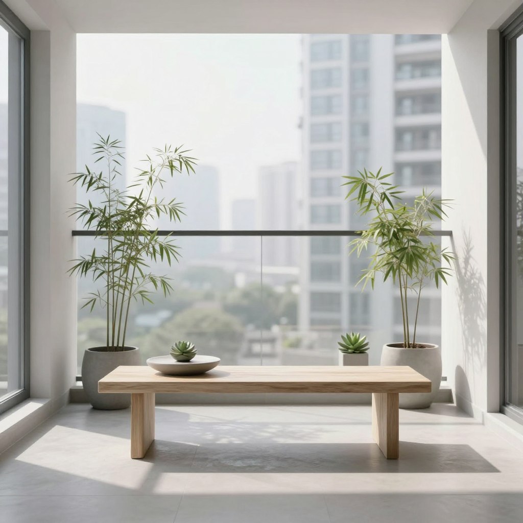 A minimalist zen balcony designed for tranquility, showcasing a monochromatic palette of soft grays and whites. In the foreground, a simple wooden bench with clean lines, accented by a small round table. The middle ground features delicate potted plants, such as bamboo and succulents, arranged symmetrically to create balance. The background shows a soft, blurred view of a high-rise cityscape, adding a modern urban touch. Soft, natural sunlight streams in, casting gentle shadows for a serene atmosphere, while the camera is positioned at eye level to emphasize the spaciousness of the balcony. The overall mood is calm and inviting, highlighting simplicity and elegance in design. No text or watermarks present.