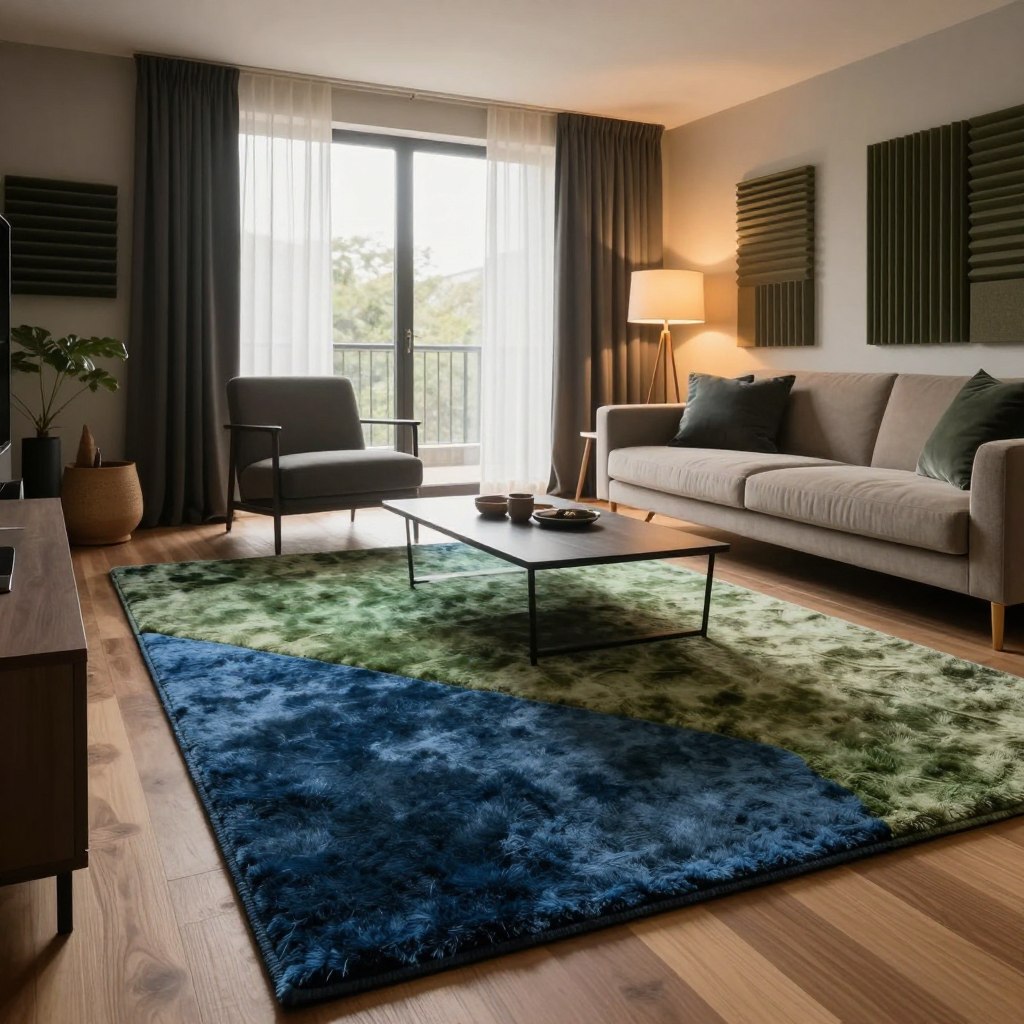 A modern apartment living room featuring an elegant soundproofing solution with vibrant area rugs layered on a soft underlayment. In the foreground, a richly textured area rug in deep blues and earthy greens is displayed prominently, showcasing its plush fibers. The middle ground includes minimalist furniture, such as a sleek coffee table and a stylish sofa, arranged thoughtfully around the rug to create a cozy, inviting atmosphere. The background reveals large windows with sheer curtains, allowing natural sunlight to filter in softly, complementing warm, ambient lighting from strategically placed lamps. The overall mood is tranquil and sophisticated, emphasizing comfort while highlighting the importance of sound absorption in apartment living. The perspective is slightly elevated, capturing a well-balanced view of the entire room without any people present.