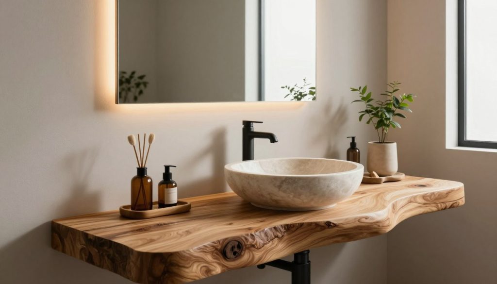 A modern bathroom featuring a bold organic vanity as the centerpiece. The vanity boasts natural wood textures with smooth curves, adorned with a sleek, vessel sink made of polished stone. In the foreground, elegant bath accessories complement the design. The middle section showcases stylish, eco-friendly materials such as bamboo and matte black fixtures. A large mirror reflects soft, ambient lighting, creating a warm atmosphere. The background includes minimalist decor elements, like potted plants and neutral-colored walls. The scene is illuminated with natural light streaming through a frosted window, adding depth and tranquility to the overall aesthetic. The mood is serene yet striking, perfect for a contemporary space.