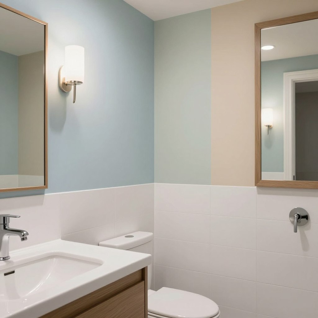 A modern bathroom featuring a stylish array of popular paint colors and finishes, showcasing elegant combinations that harmonize with pristine white tiles. In the foreground, a sleek, minimalist vanity with a luxurious sink reflects contemporary design. The middle section displays walls painted in soft shades such as pale blue, muted green, and warm beige, with varying finishes like matte, eggshell, and satin glints that capture light subtly. The background includes a large mirror framed in wood, enhancing depth and warmth, paired with elegant lighting fixtures casting a gentle glow. The overall atmosphere exudes tranquility and sophistication, inviting inspiration for selecting the perfect paint finish in a modern bathroom setting. The scene is photographed from a slightly elevated angle to capture the entirety of the ambiance.