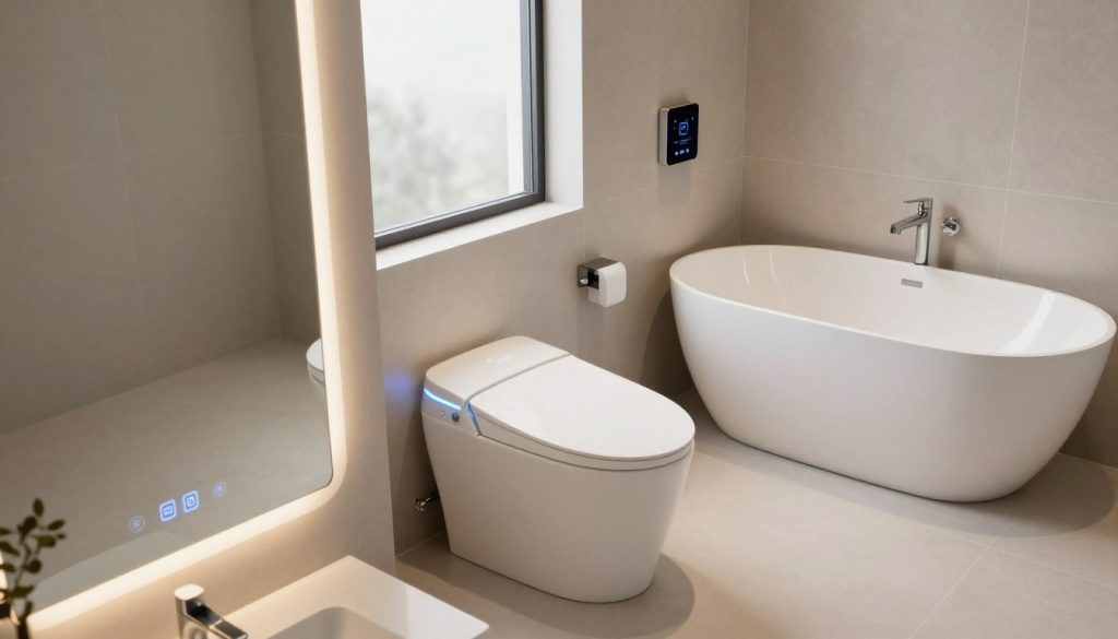 A modern bathroom featuring advanced smart technology, showcasing a sleek design. In the foreground, a touch-sensitive mirror reflects soft, ambient lighting, with temperature and humidity controls seamlessly integrated. The middle ground features a futuristic smart toilet with a minimalist aesthetic, alongside a chic freestanding bathtub that has built-in speakers and mood lighting. The background displays elegant tiles, smart faucets with motion sensors, and a digital control panel mounted on the wall. Soft natural light filters in through frosted glass windows, creating a calming atmosphere. The scene is viewed from a slightly elevated angle to highlight the innovative features. Overall, the mood is sophisticated and contemporary, emphasizing comfort and high-tech convenience in bathroom design.