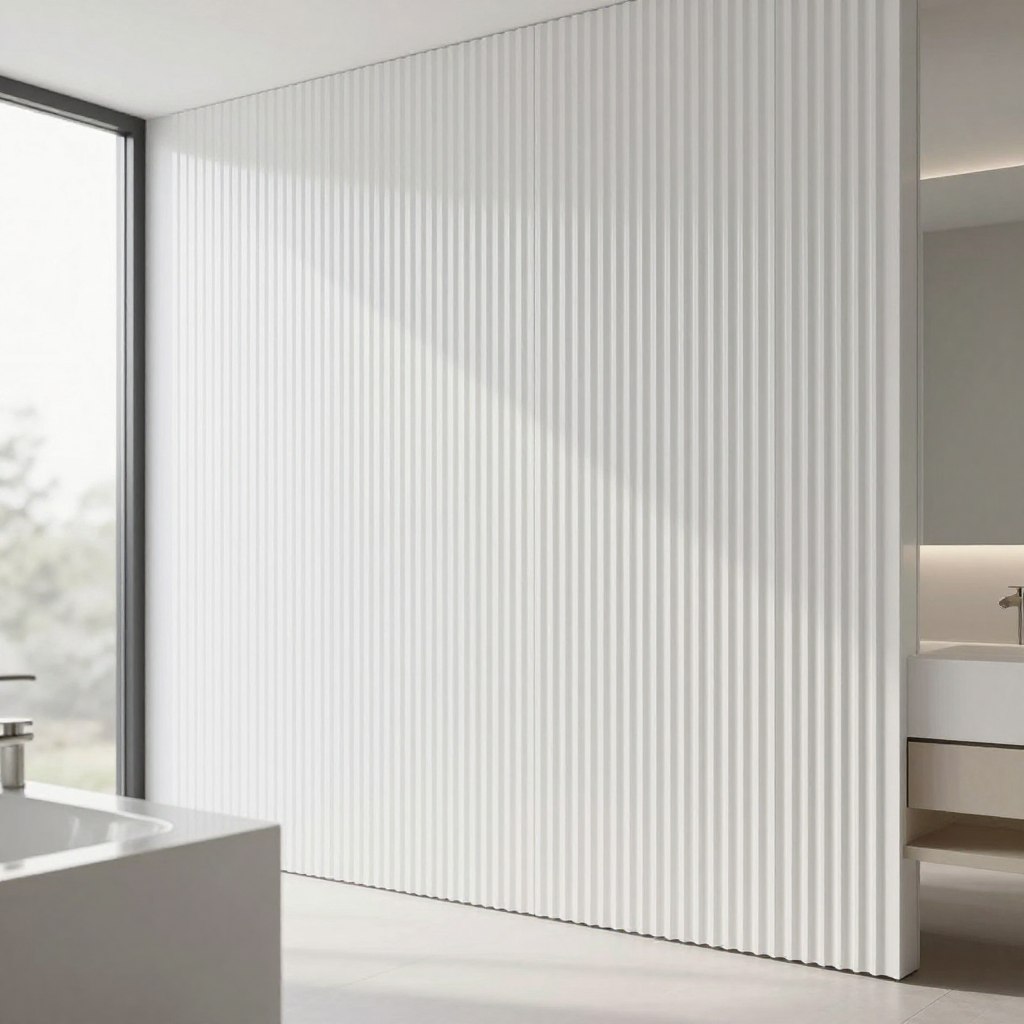 A modern bathroom featuring floor-to-ceiling vertical white ribbed wall panels. The panels create a textured, elegant backdrop that reflects soft, diffused natural light from a large window. The foreground showcases a sleek vanity with minimalist design elements and polished metal fixtures, complementing the ribbed walls. In the middle ground, the wall panels create depth and visual interest, enhancing the overall aesthetic. The background is softly blurred, keeping the focus on the luxurious texture of the ribbing. The atmosphere is serene and contemporary, evoking a sense of cleanliness and calm, ideal for a chic bathroom space. The image is shot with a wide-angle lens, emphasizing the height and structure of the panels. A modern bathroom featuring floor-to-ceiling vertical white ribbed wall panels. The panels create a textured, elegant backdrop that reflects soft, diffused natural light from a large window. The foreground showcases a sleek vanity with minimalist design elements and polished metal fixtures, complementing the ribbed walls. In the middle ground, the wall panels create depth and visual interest, enhancing the overall aesthetic. The background is softly blurred, keeping the focus on the luxurious texture of the ribbing. The atmosphere is serene and contemporary, evoking a sense of cleanliness and calm, ideal for a chic bathroom space. The image is shot with a wide-angle lens, emphasizing the height and structure of the panels.