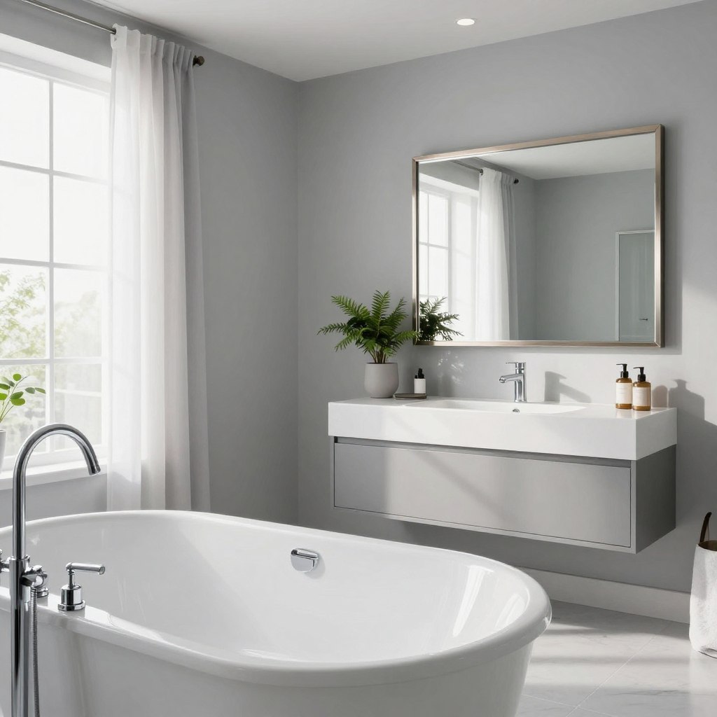 A modern bathroom featuring light reflective gray paint walls that capture and enhance light, creating a bright and airy atmosphere. In the foreground, a pristine white bathtub with sleek lines and elegant chrome fixtures reflects the soft glow of the overhead lighting. The middle ground showcases a minimalist vanity with a large mirror framed in brushed nickel, reflecting the cool-toned gray walls and the stylish decor. The background includes large windows adorned with sheer curtains, allowing natural light to filter in, while decorative plants add a touch of greenery. The scene is bright and inviting, with a clean and contemporary aesthetic, shot from a slight angle that emphasizes the spaciousness and tranquility of the room. The lighting is soft and evenly distributed, creating a serene and refreshing ambiance. A modern bathroom featuring light reflective gray paint walls that capture and enhance light, creating a bright and airy atmosphere. In the foreground, a pristine white bathtub with sleek lines and elegant chrome fixtures reflects the soft glow of the overhead lighting. The middle ground showcases a minimalist vanity with a large mirror framed in brushed nickel, reflecting the cool-toned gray walls and the stylish decor. The background includes large windows adorned with sheer curtains, allowing natural light to filter in, while decorative plants add a touch of greenery. The scene is bright and inviting, with a clean and contemporary aesthetic, shot from a slight angle that emphasizes the spaciousness and tranquility of the room. The lighting is soft and evenly distributed, creating a serene and refreshing ambiance.