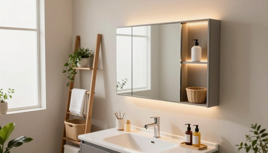 A modern bathroom interior showcasing creative storage solutions. In the foreground, a stylish vanity with hidden compartments for toiletries, alongside elegant baskets on shelves. The middle ground features a sleek, wall-mounted cabinet with built-in lighting, creating visibility while maintaining a clean aesthetic. Display a ladder-style shelf with decorative towels and plants, adding a touch of greenery. The background contains soft, ambient lighting from a frosted window, illuminating the space with a warm glow. The overall mood is fresh and inviting, reflecting a contemporary design that's both functional and aesthetically pleasing. Capture this scene from a slightly elevated angle to provide a comprehensive view of the storage solutions, making it feel spacious and organized.