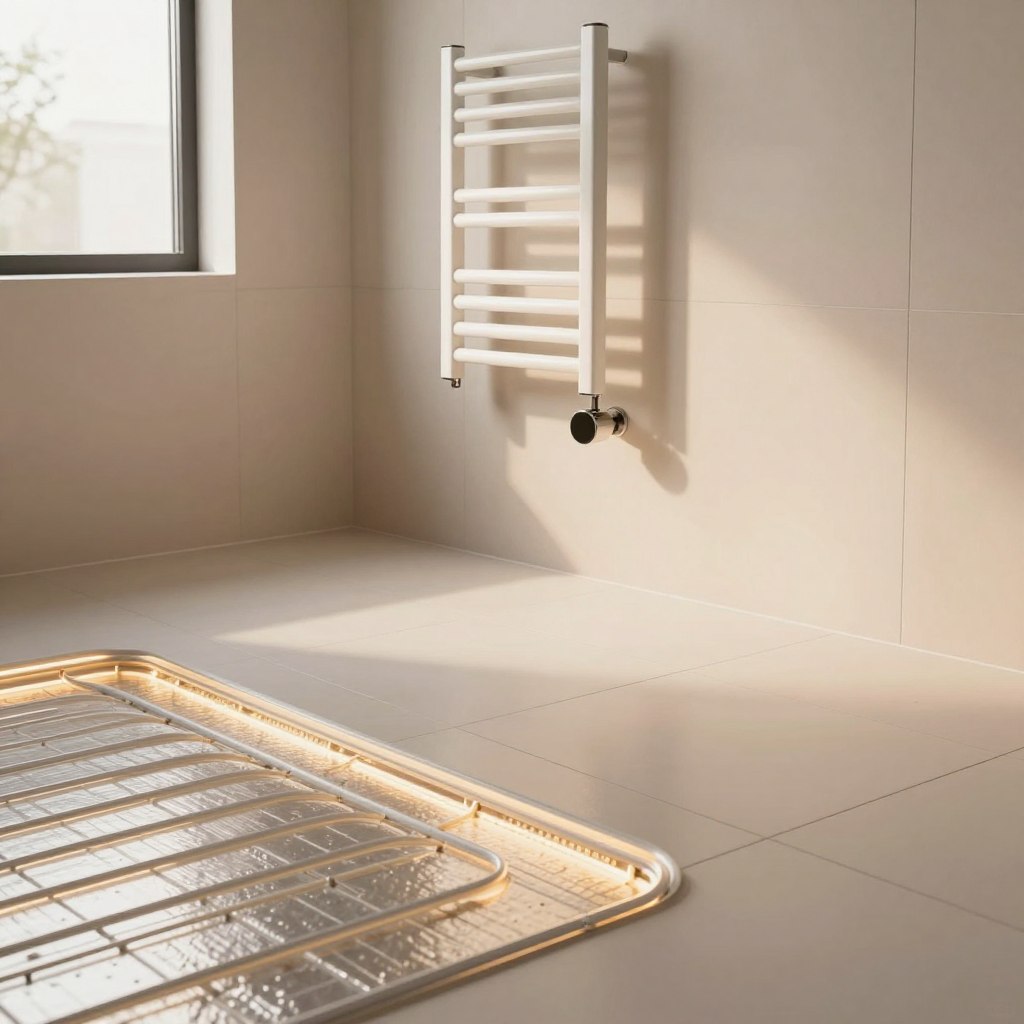 A modern bathroom interior showcasing electric underfloor heating, with sleek, light-colored tiles reflecting gentle ambient lighting. In the foreground, a section of the tiled floor highlights the intricate network of heating cables beneath, subtly illuminated by warm, inviting light. The middle ground features a stylish, minimalistic towel warmer mounted on the wall, radiating a soft glow that enhances the cozy atmosphere. In the background, a window allows natural light to filter in, casting soft shadows that add depth to the scene. The overall mood is serene and welcoming, emphasizing the comfort and efficiency of targeted heating solutions in budget-conscious bathroom remodeling. The composition should be shot from a slightly elevated angle, accentuating the elegance of the flooring and fixtures. A modern bathroom interior showcasing electric underfloor heating, with sleek, light-colored tiles reflecting gentle ambient lighting. In the foreground, a section of the tiled floor highlights the intricate network of heating cables beneath, subtly illuminated by warm, inviting light. The middle ground features a stylish, minimalistic towel warmer mounted on the wall, radiating a soft glow that enhances the cozy atmosphere. In the background, a window allows natural light to filter in, casting soft shadows that add depth to the scene. The overall mood is serene and welcoming, emphasizing the comfort and efficiency of targeted heating solutions in budget-conscious bathroom remodeling. The composition should be shot from a slightly elevated angle, accentuating the elegance of the flooring and fixtures.