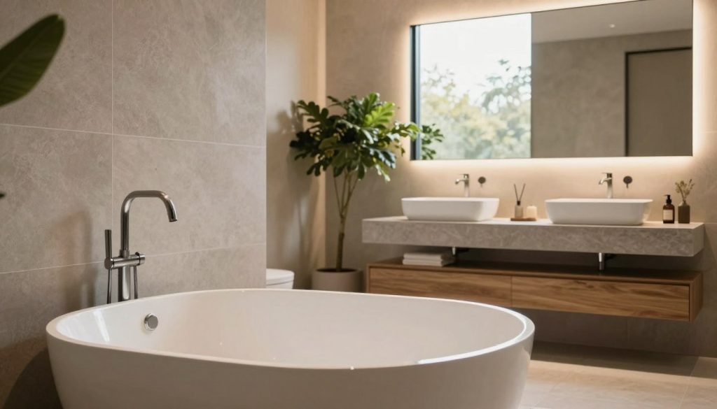 A modern bathroom renovation scene that showcases sleek, stylish design elements for 2026. In the foreground, a luxurious freestanding bathtub with a contemporary faucet, surrounded by textured, neutral-toned tiles. The middle ground features a floating vanity with vessel sinks and elegant lighting fixtures, emphasizing sophistication. In the background, a large window allows natural light to flood the space, highlighting a lush potted plant. Soft, warm light creates an inviting atmosphere, enhancing the sense of tranquility. The overall design reflects a minimalist aesthetic with an emphasis on natural materials, such as wood and stone, harmonizing seamlessly. Shot from a low angle to capture the height of the vanity and the openness of the room, conveying a fresh, airy feeling perfect for a modern renovation.