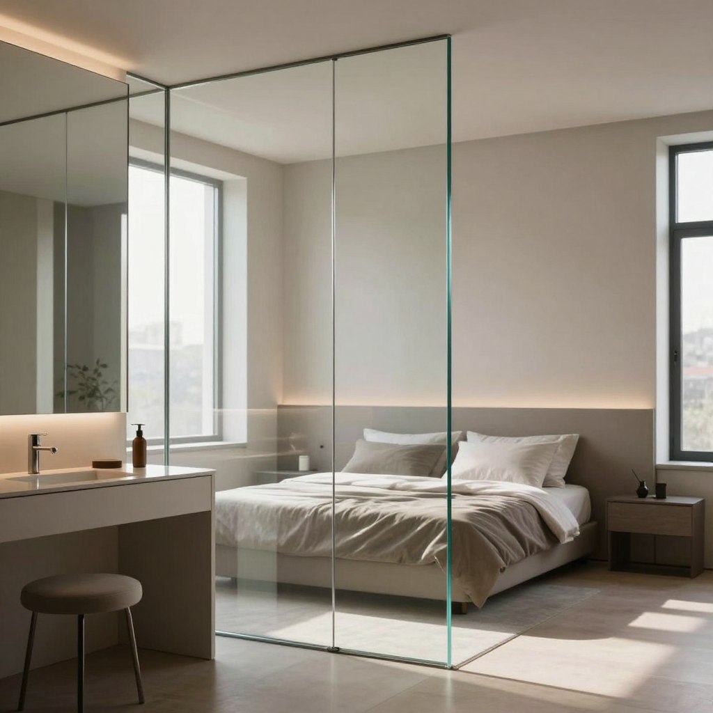 A modern bedroom featuring a sleek glass partition that separates the sleeping area from a stylish vanity. The glass accents catch the light, creating a serene and airy atmosphere. In the foreground, the vanity boasts a minimalist design with a large mirror reflecting the ambient light. The middle section showcases the elegant glass partition, framed by soft, neutral-toned walls, and minimalistic decor that enhances the modern aesthetic. In the background, a large window lets in natural sunlight, casting soft shadows across the room. The overall mood is calm and sophisticated, ideal for a contemporary living space. The angles focus on capturing the harmonious integration of glass elements, emphasizing transparency and lightness in the design.