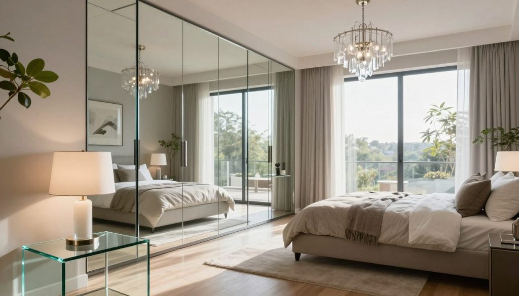 A modern bedroom featuring elegant glass accents and reflective surfaces. In the foreground, a sleek glass bedside table holds a minimalistic lamp, softly illuminating the space. The middle ground reveals a large, mirrored wardrobe that enhances the natural light, creating an airy ambiance. A plush bed adorned with soft, neutral bedding sits against a wall of floor-to-ceiling windows, allowing sunlight to flood in. In the background, a delicate glass chandelier hangs from the ceiling, refracting light and adding a touch of sophistication. The room is styled in a contemporary aesthetic with subtle hints of greenery. The atmosphere is serene and inviting, perfect for relaxation. Capture the scene with soft, natural lighting and a wide-angle perspective to emphasize the brightness and spaciousness of the space.