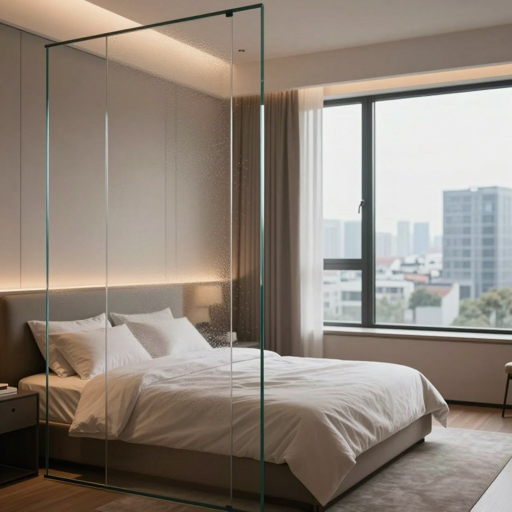 A modern bedroom featuring stylish glass elements for privacy solutions. In the foreground, showcase a sleek glass partition with an elegant frosted design, separating the sleeping area from a cozy reading nook. In the middle, highlight a smart glass window that changes opacity, allowing natural light to filter in softly, creating an inviting atmosphere. The background should feature a contemporary cityscape, blurred slightly to emphasize the indoor space. Use warm, diffused lighting to create a serene ambiance, enhancing the elegance of the glass features. Capture the scene from a slight angle to provide depth, focusing on the interplay of light and transparency, evoking a sense of both openness and privacy.